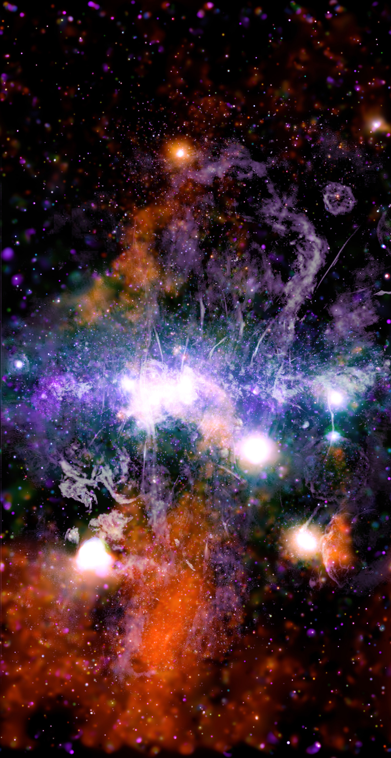 This vertical panoramic image depicts an area about the center of the Milky Way, with the field of view extending 1000 light years above and below the galaxy. The image resembles colorful gas clouds streaked with fine threads, dotted with a handful of brilliant white shapes. Throughout the image are tiny orange and purple dots set against a black backdrop. Across the center of the image is a horizontal, bright purple cloud with a glowing white core. This is the plane of the Milky Way, the disk where most of the Galaxy's stars reside. Below the plane of the Milky Way, near our lower left, is a bright, brick orange cloud. Above the plane, to our upper right, is a thin lilac cloud with some orange mist on the left. The orange cloud and mist are large plumes of hot gas. The colors represent different X-ray energies observed by Chandra. Even brighter than the glowing white core in the Milky Way are the brilliant white shapes that appear throughout the image. Two can be found to the right of the core, and two below the galaxy's plane. These are X-rays reflected from dust around bright X-ray sources.