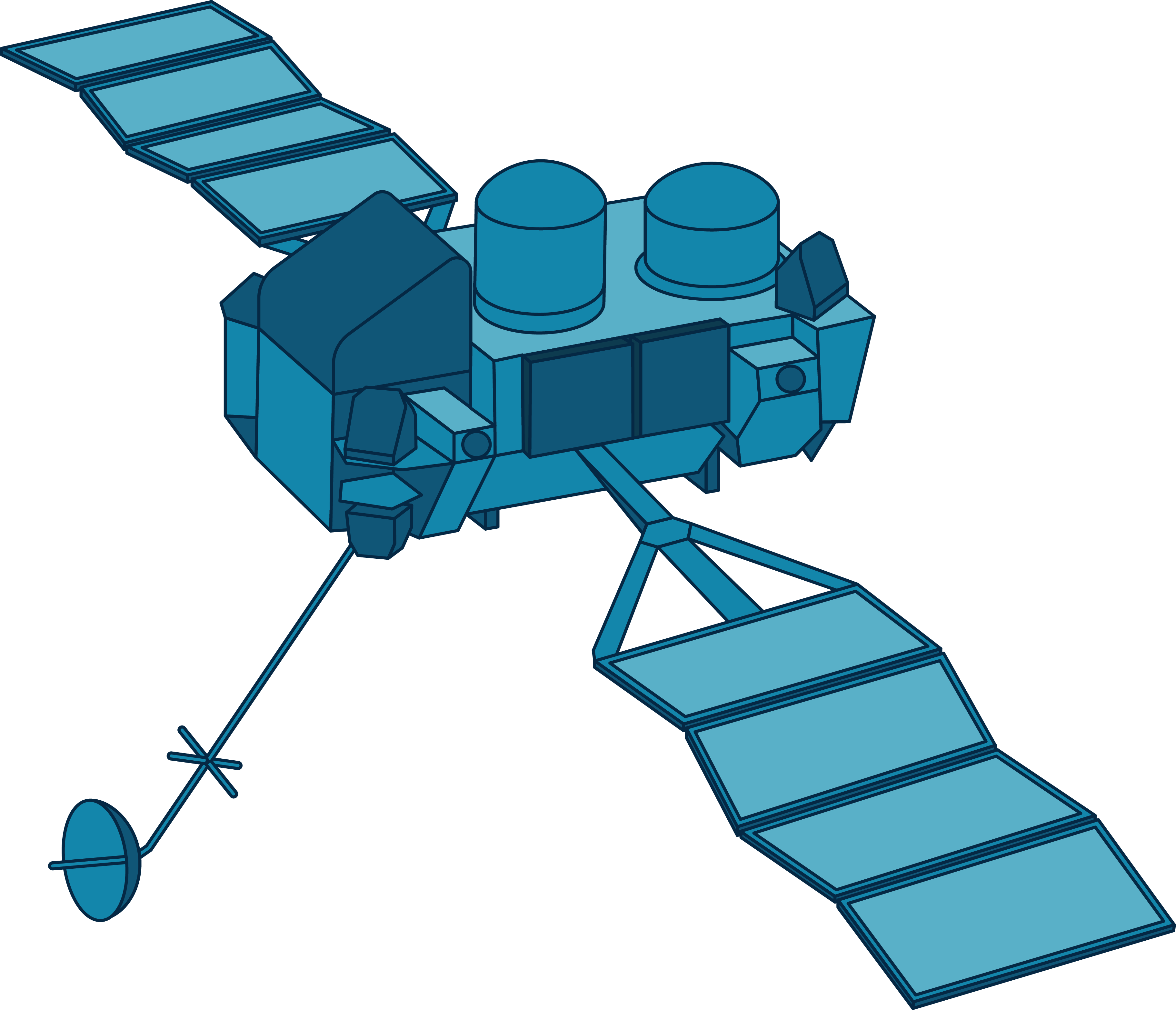 A graphic of CGRO is shown in light and dark shades of blue. The body of the spacecraft is rectangular, topped with two circular objects. Solar panels extend to either side, and a long pole with a small satellite dish at the end extends from the front end of the spacecraft.