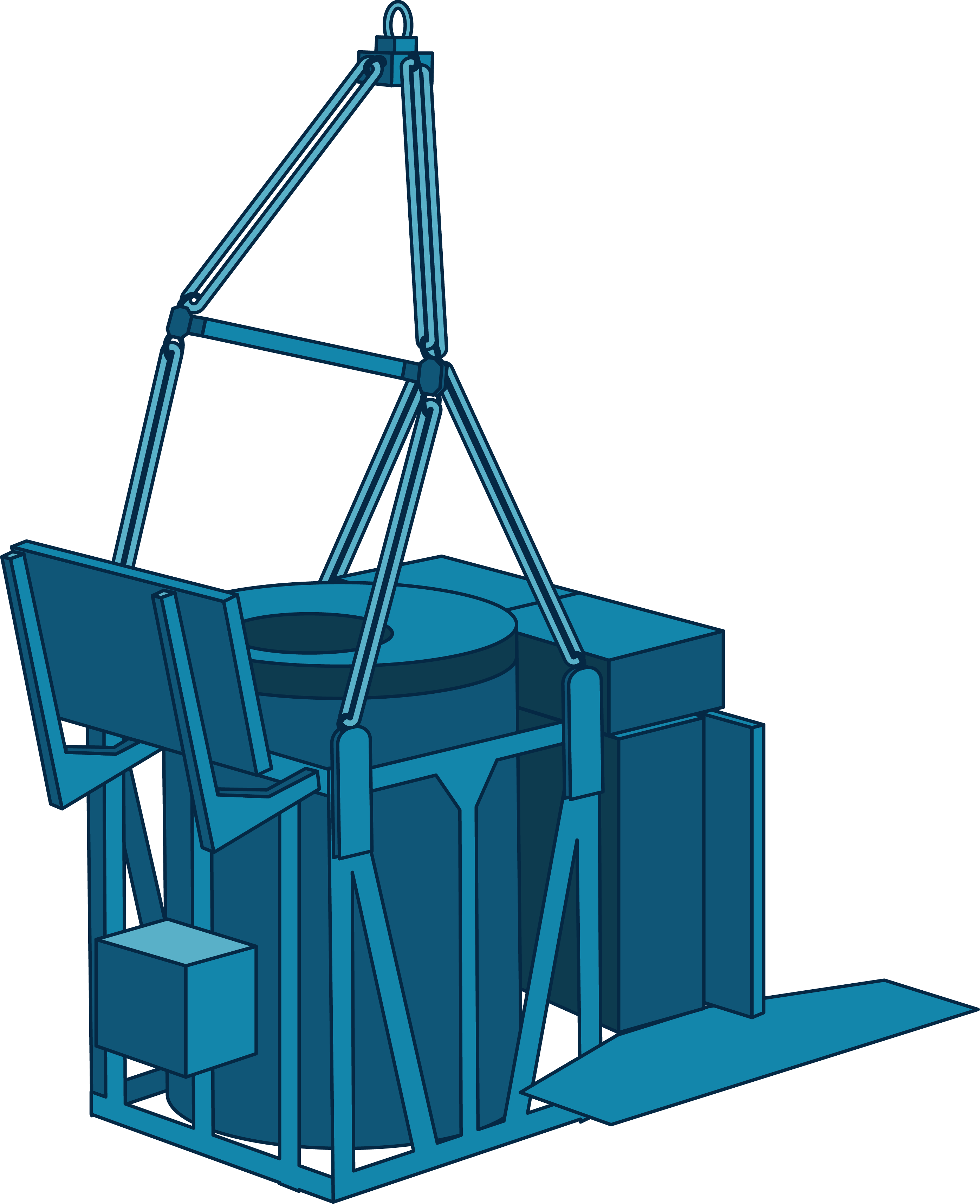 An illustration in multiple shades of blue depicting EXCLAIM. The instrument is made up of a hollow cylindrical object next to a rectangular object. The whole instrument sits within a framework that extends upwards to a point, where it will attach to a balloon.