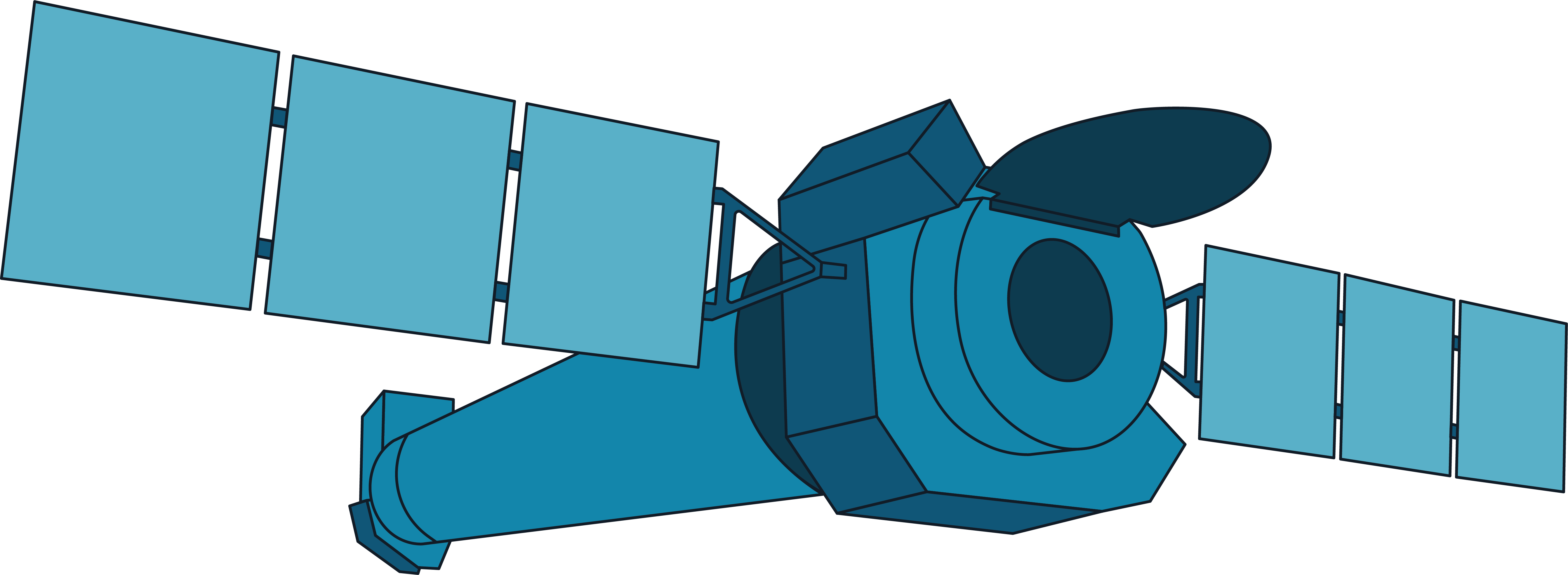 A graphic of Chandra is shown in light and dark blue with a long, cylindrical main body. At the front of this cylinder is a darker circle. Jutting off of the front of the main body are two "wings" of solar arrays.