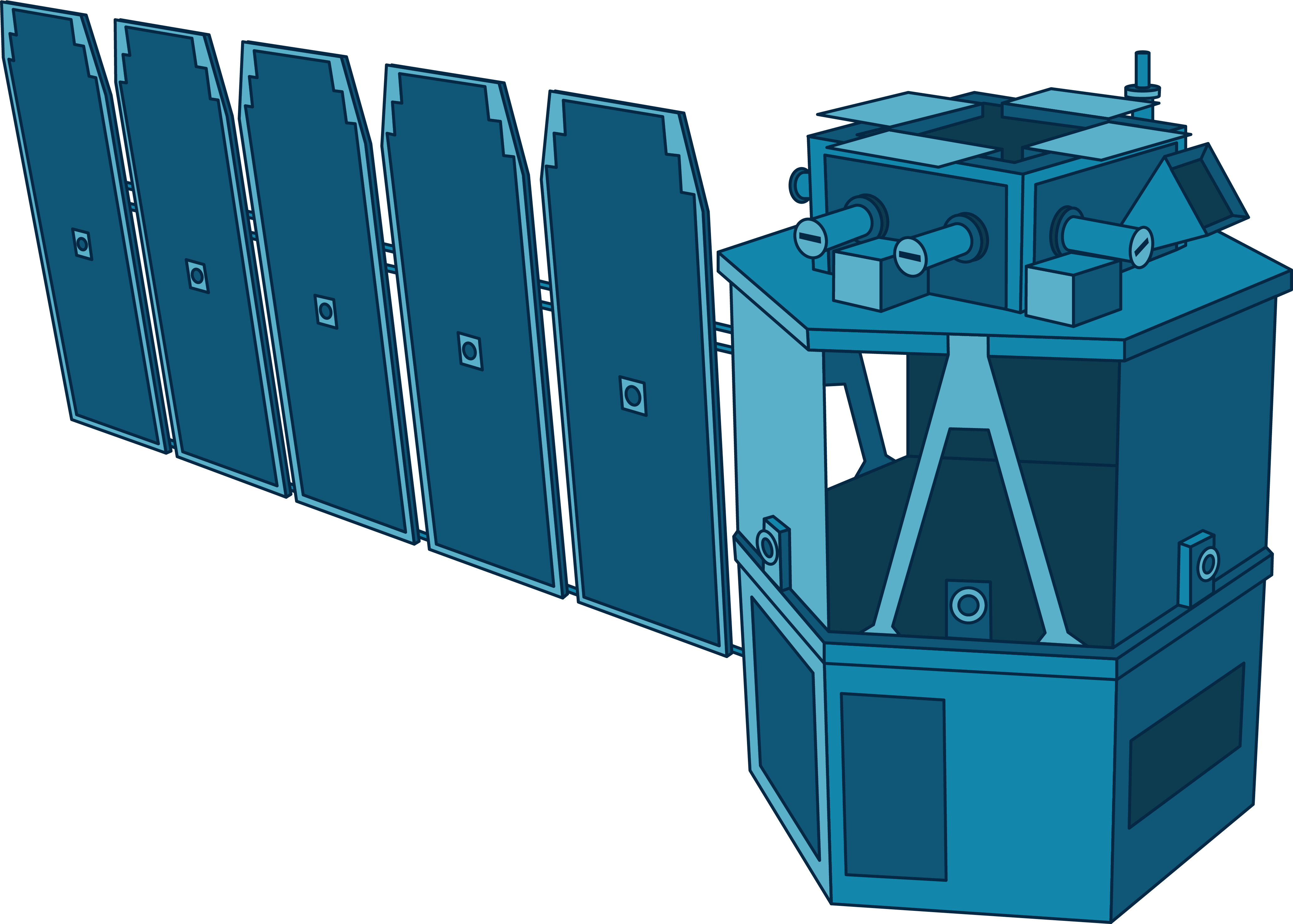 COSI is illustrated in light and dark blues. The spacecraft has a hexagonal body topped with a box with various attachments. One solar panel extends to the left side of the satellite’s body.