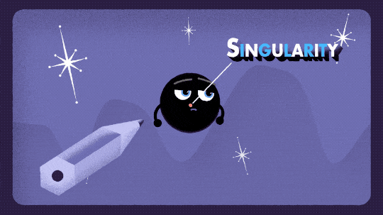 This animation opens with a round black hole character, represented by a black circle with half-circle eyes and two small arms, sitting in the center of a purple background with stylized stars scattered around. A red dot at the center of the black hole is labeled, “Singularity,” and a purple pencil hovers near the bottom left of the black hole. As the animation proceeds, the pencil draws a dotted red circle that encloses the black hole, which is labeled, “Event Horizon.” The pencil swirls into the black hole, since it ventured inside the event horizon. The black hole’s eyes follow the pencil on its movements.