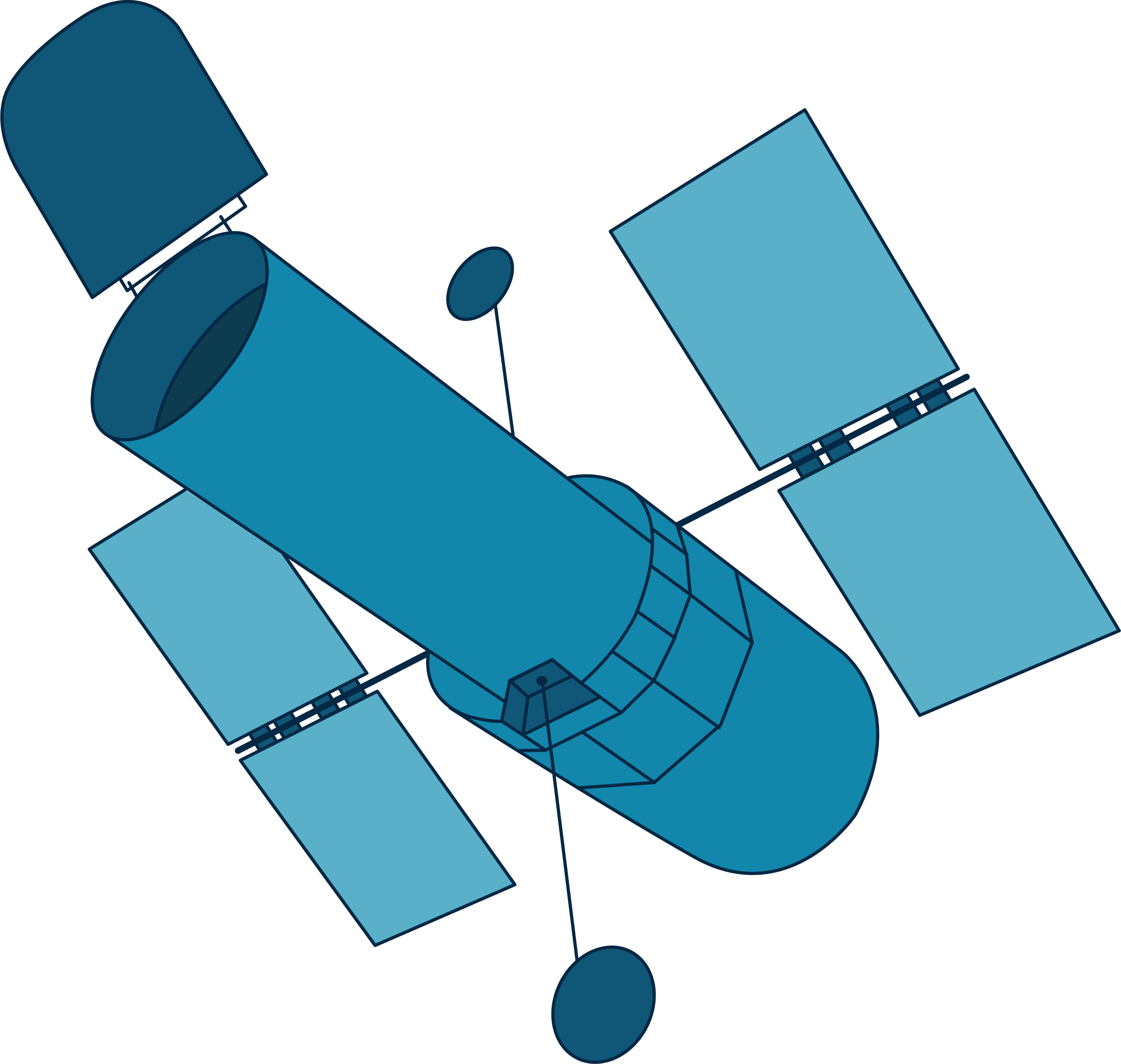 This Hubble illustration shows the space telescope in shades of blue. A main cylindrical body has an opening with a flap at the top. The spacecraft's main body connects to two sets of two panels jutting out from either side horizontally and two circular objects attached vertically.