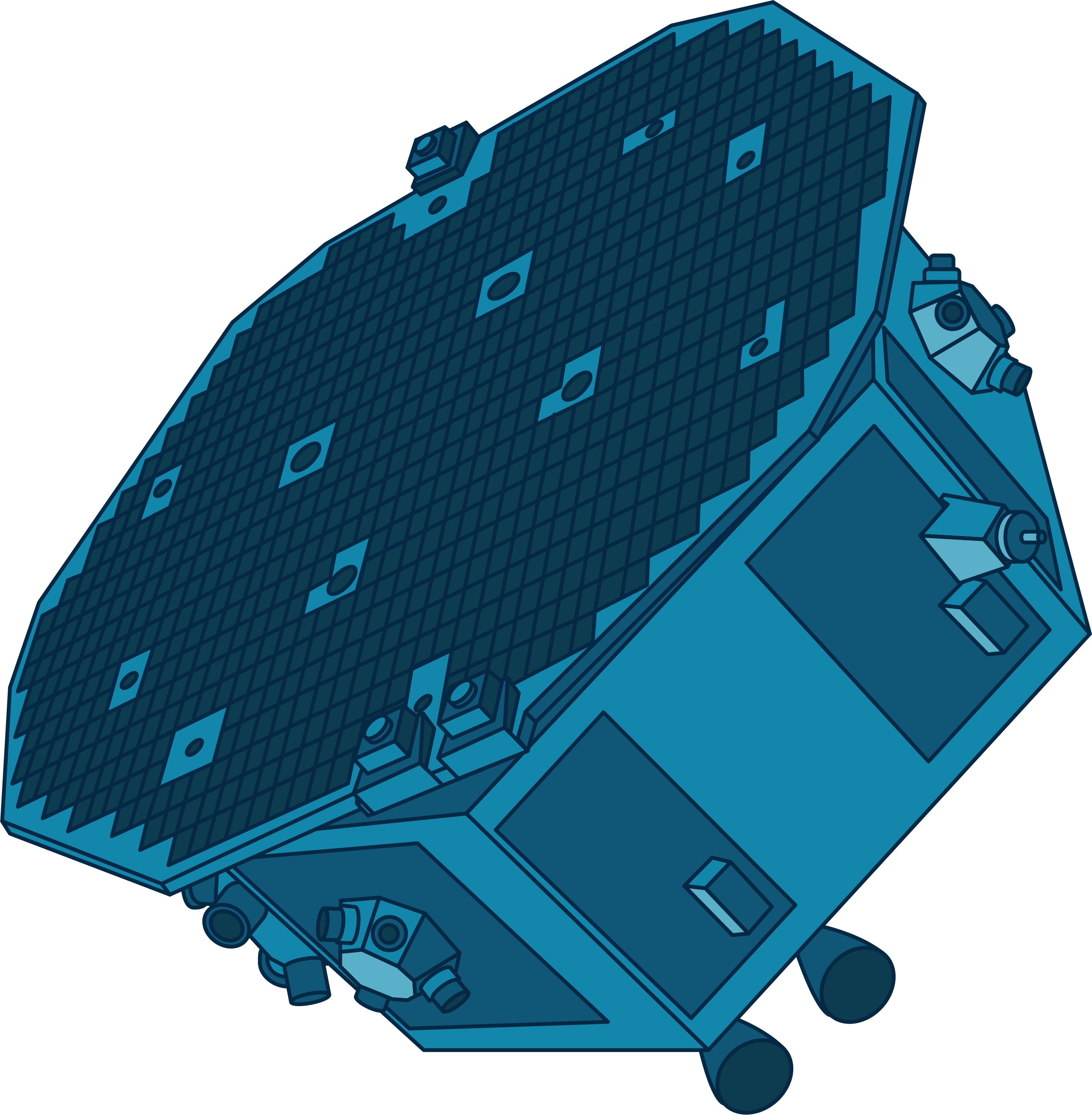 This illustration shows ESA's LISA Pathfinder spacecraft in shades of blue. The craft has an octagonal shape with a relatively flat "face" with smaller components found around the sides of the spacecraft.