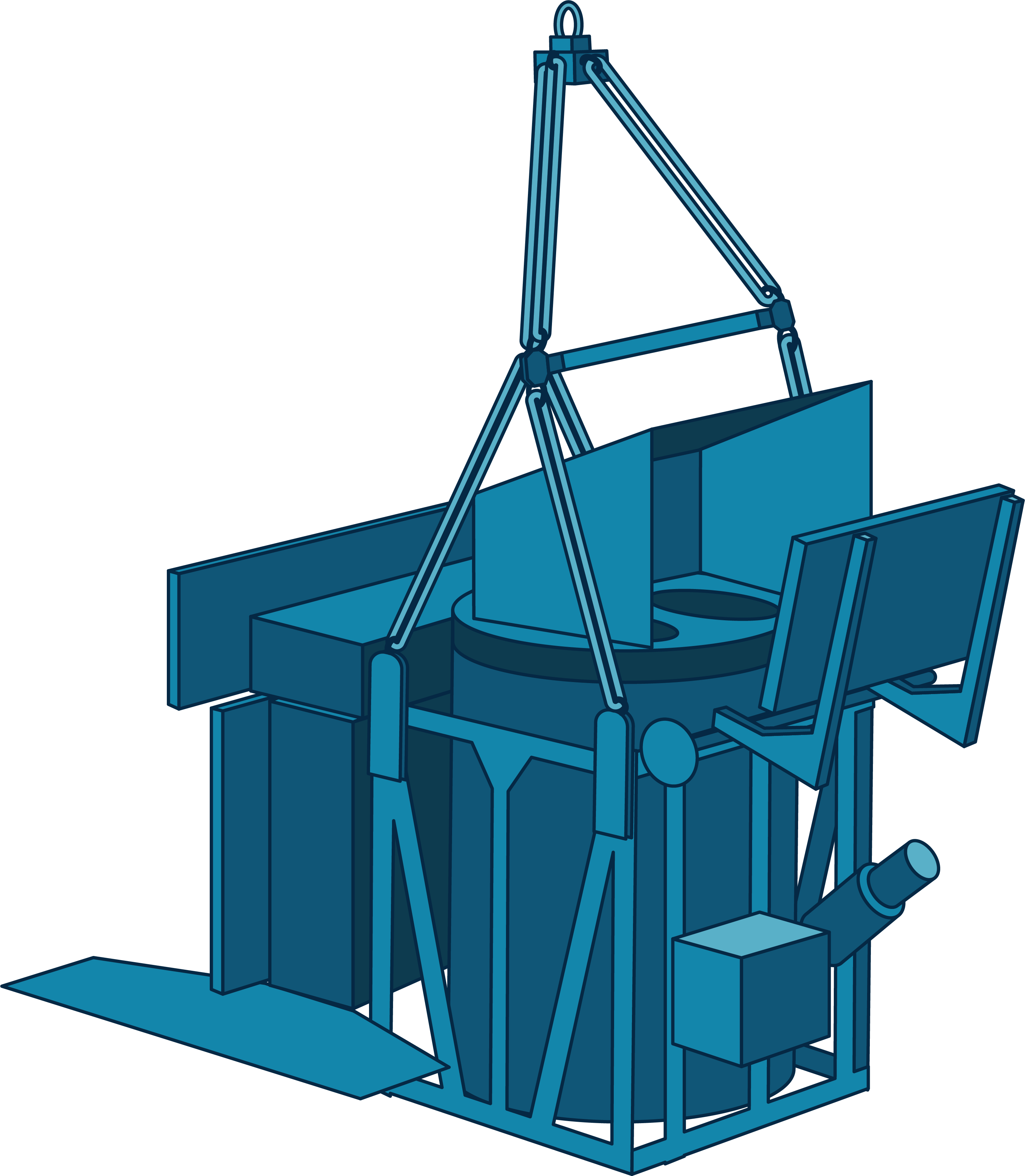 This illustration shows NASA's PIPER instrument in shades of blue. Piper has a cage-like structure with a large cylinder inside of it and smaller boxes attached around it. Long thin support pieces extend from the body upward, which will attach the payload to a large balloon.