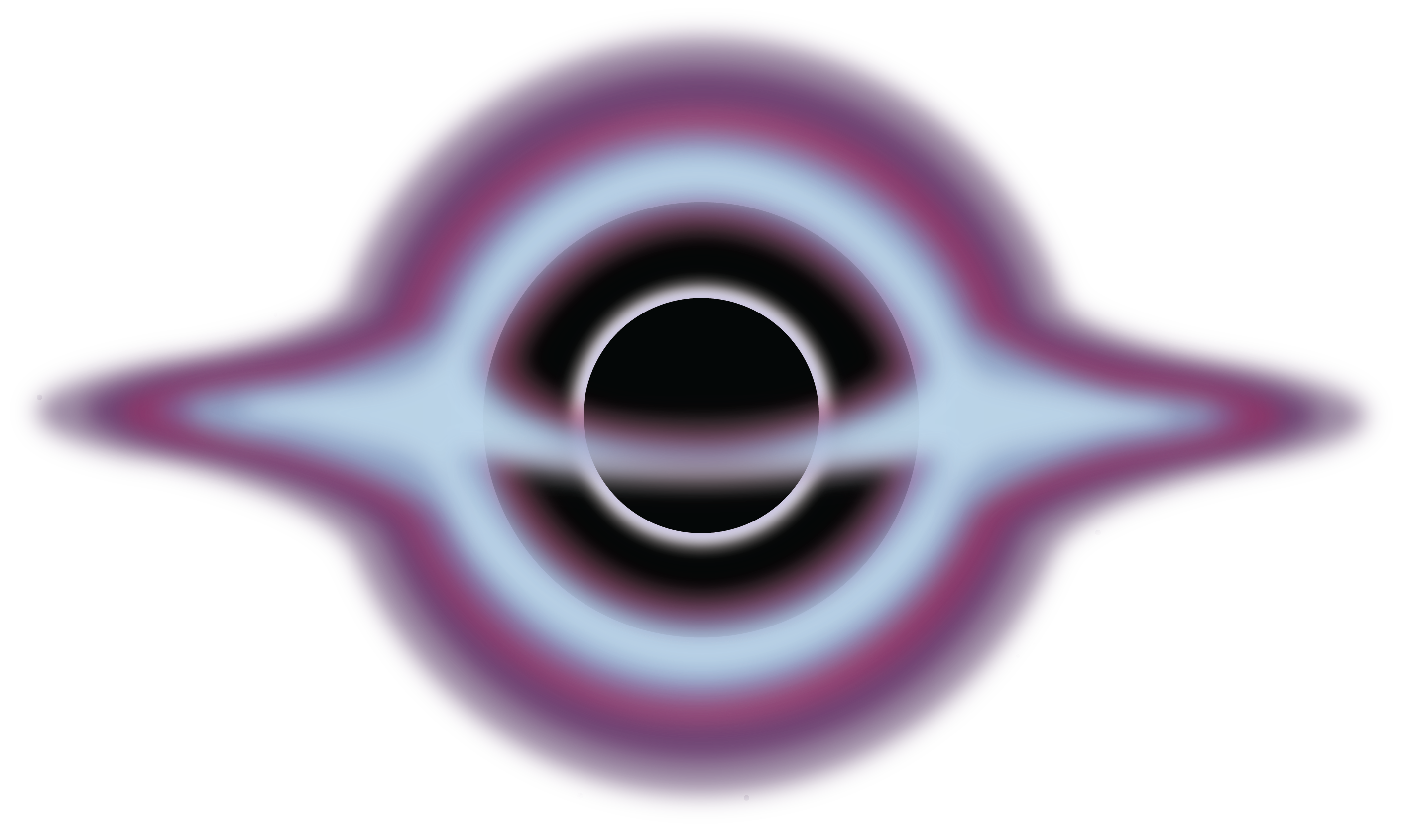A graphic shows a central black circle outlined in white. This circle is surrounded by a black ring which is surrounded by a light blue ring which then fades outward into bright and then dark and diffuse purple. Across the middle of the image is a light blue line that gives the appearance of a ring around the circular object.