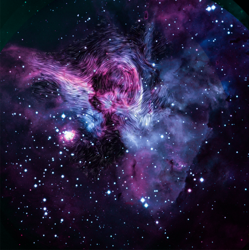 The nebula appears as a swirl of magenta and purple clouds in a shape roughly like a human heart. The central part of the nebula has a bright magenta oval surrounded by white and pale purple. Through this central region there are lines overlaid on the image showing where SOFIA has obtained information about the magnetic fields. The lines run from the left down through the lower part of the magenta oval. Some of the bundle of lines loop up and over the magenta center, all meeting toward the middle of the image. All of this is on a black background dotted with white lights.
