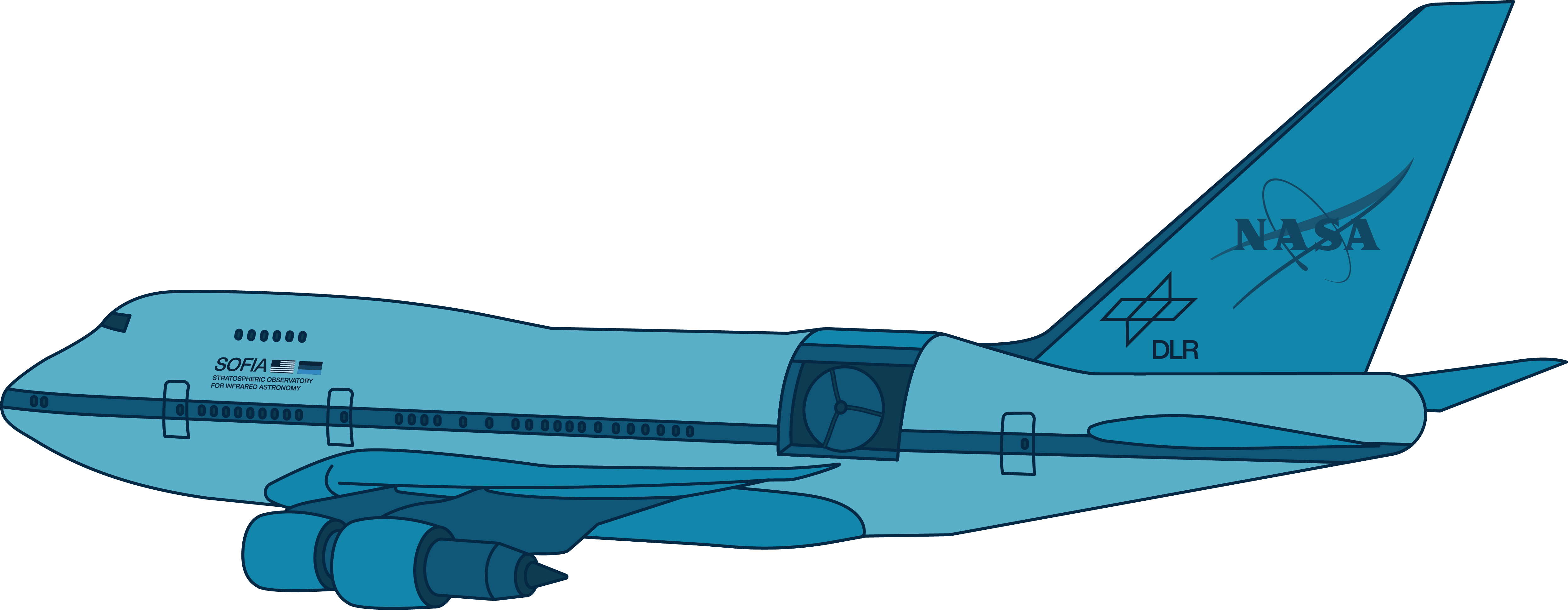 This illustration shows NASA's SOFIA in shades of blue. SOFIA is a modified Boeing 747SP aircraft, and so it is shaped like a commercial airplane, with the NASA and German Aerospace Center (DLR) logos on its tail.