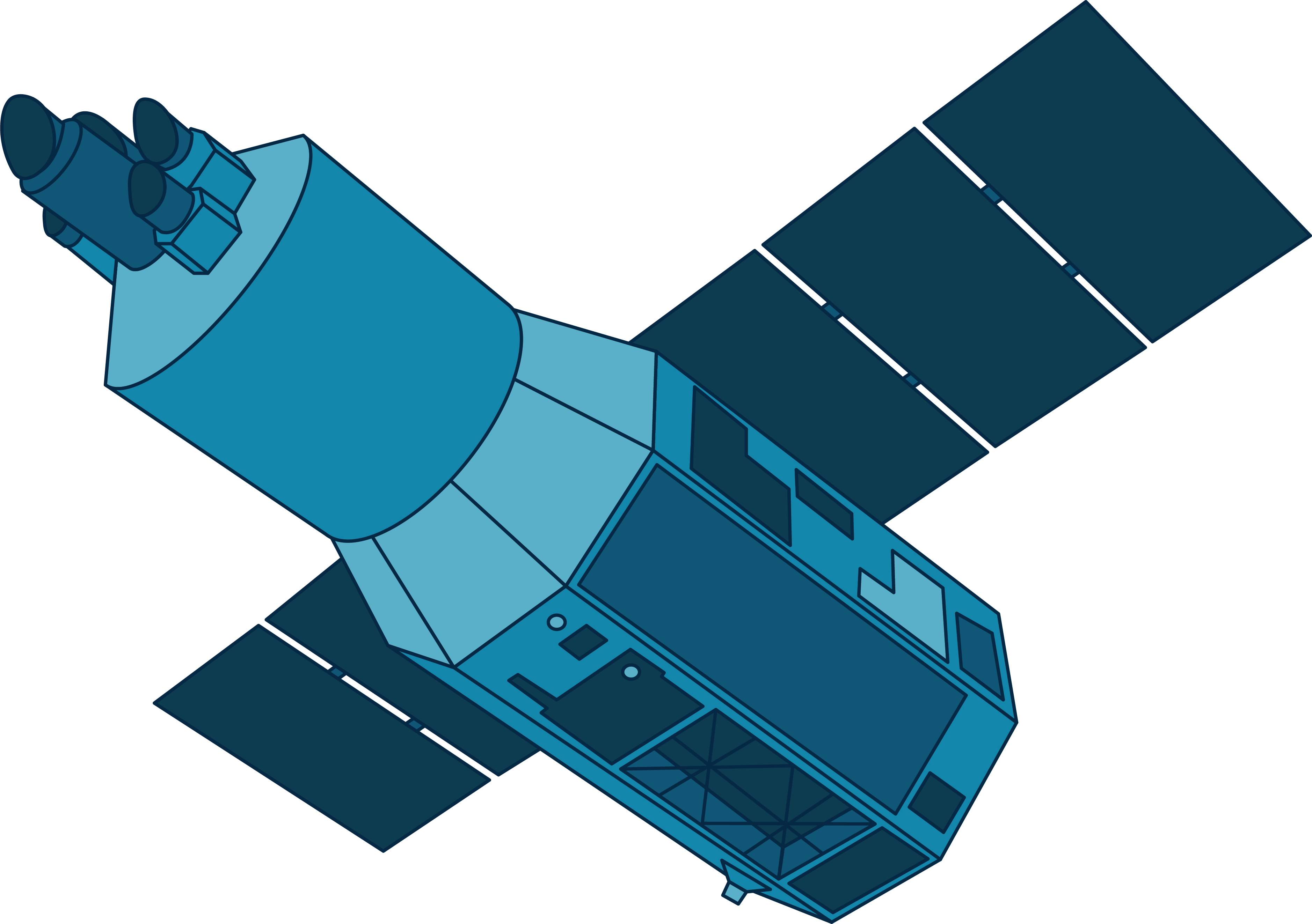 This illustration shows NASA's XRISM spacecraft in shades of blue. A multi-sided cylindrical body has solar array "wings" on either side and a smaller, rounded cylindrical front with small pieces of the instrument at the very front.