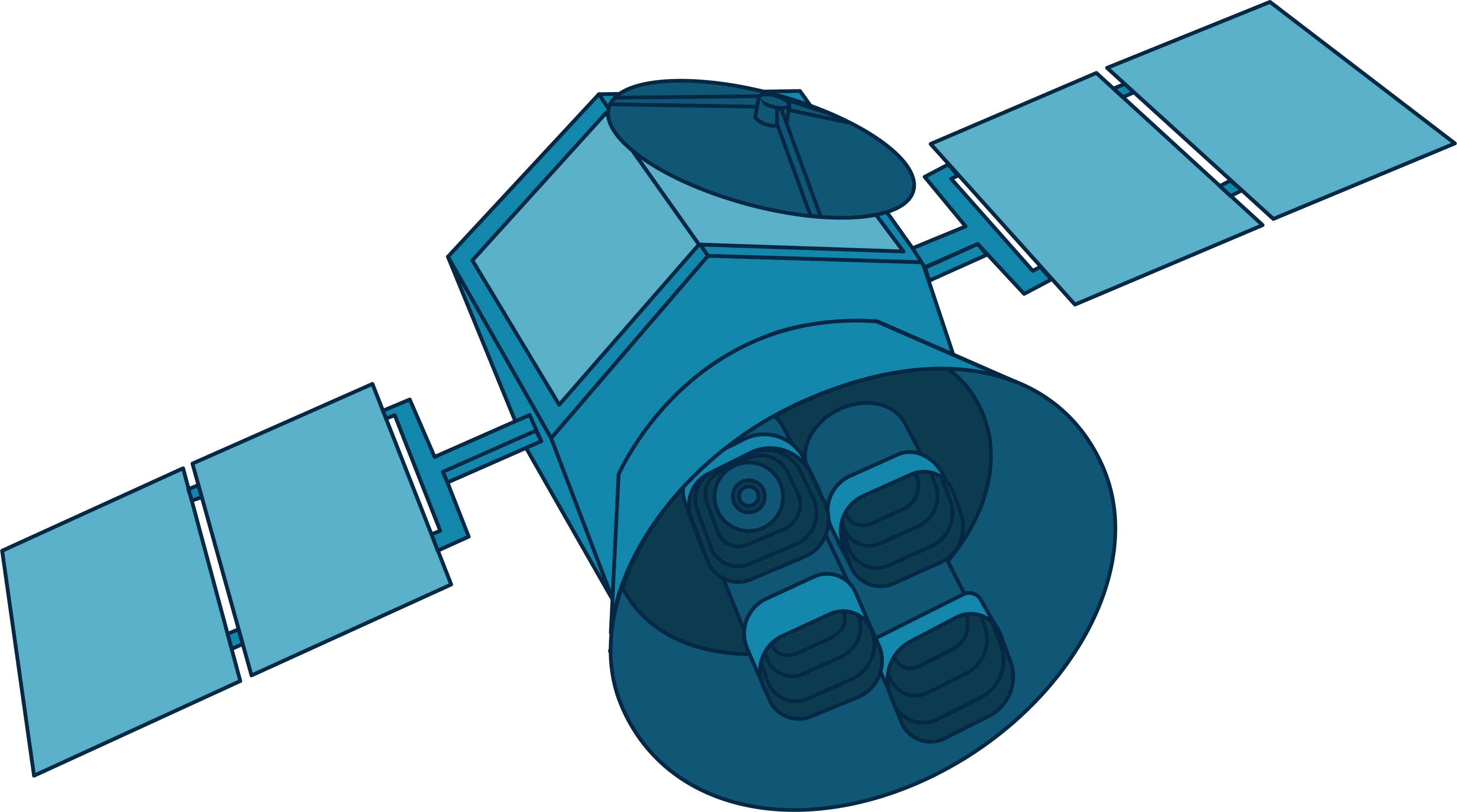 This illustration of NASA's TESS shows the spacecraft in shades of blue. The multi-sided, cylindrical shaped main body of the satellite has two solar array "wings," each extending out from the sides of the satellite which is attached to an open, cone shaped bottom piece. Nestled inside the cone are four squares which show the relative positions of TESS’s cameras.