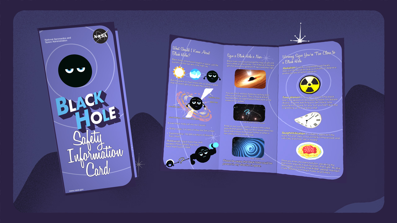 Against a purple background are a folded and opened cartoon depiction of the Black Hole Safety Information Card. The folded version, on the left, is a tall, narrow rectangle with the NASA logo in the upper right corner. There’s a black circle with narrowed eyes, representing a black hole, and the text: “Black Hole Safety Information Card.” The opened version shows three panels, each with images of black holes, both cartoon depictions and other illustrations, along with illegible text between the images.