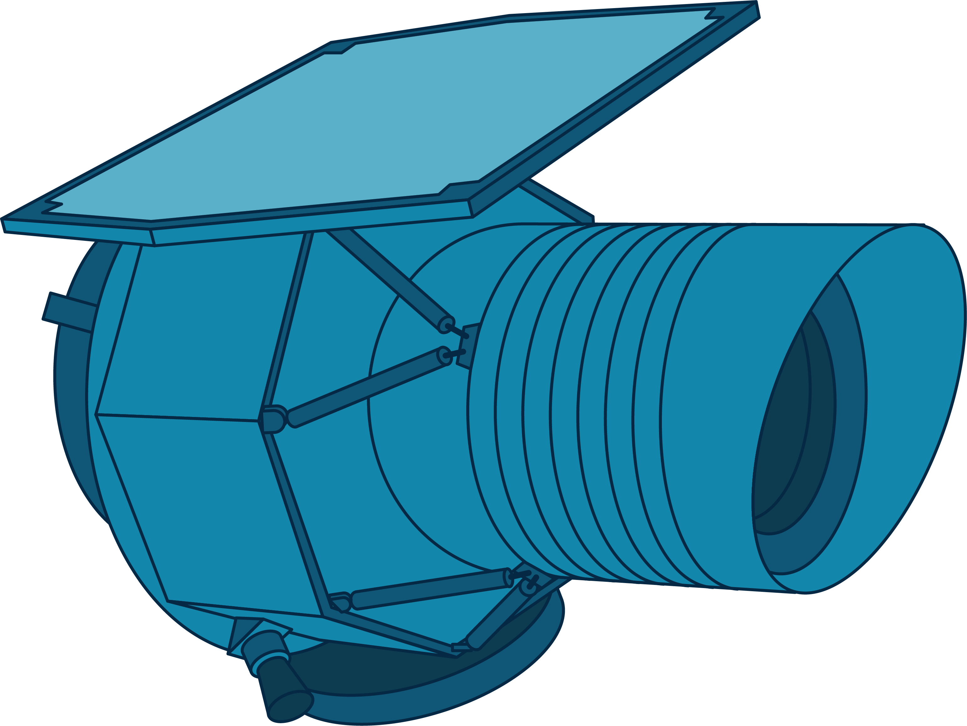 This illustration of NASA's WISE mission shows the spacecraft in shades of blue. WISE has a short, multi-sided cylindrical main body that connects to a thinner and longer open cylindrical piece. The craft's main body is attached to a large, flat panel on top.
