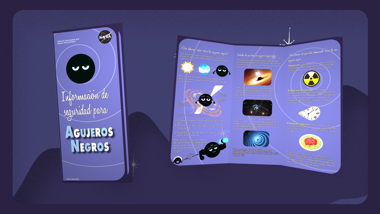 Sobre un fondo purpura hay una caricatura doblada y otra abierta de la tarjeta de información de seguridad sobre agujeros negros. La versión doblada, a la izquierda, es un rectángulo alto y delgado con el logotipo de la NASA en la esquina superior derecha. Hay un círculo negro con los ojos entrecerrados, que representa un agujero negro, y el texto "Información de seguridad para agujeros negros". La versión abierta muestra tres paneles, cada uno con imágenes de agujeros negros, tanto de dibujos animados como otras ilustraciones, junto con un texto ilegible entre las imágenes.
