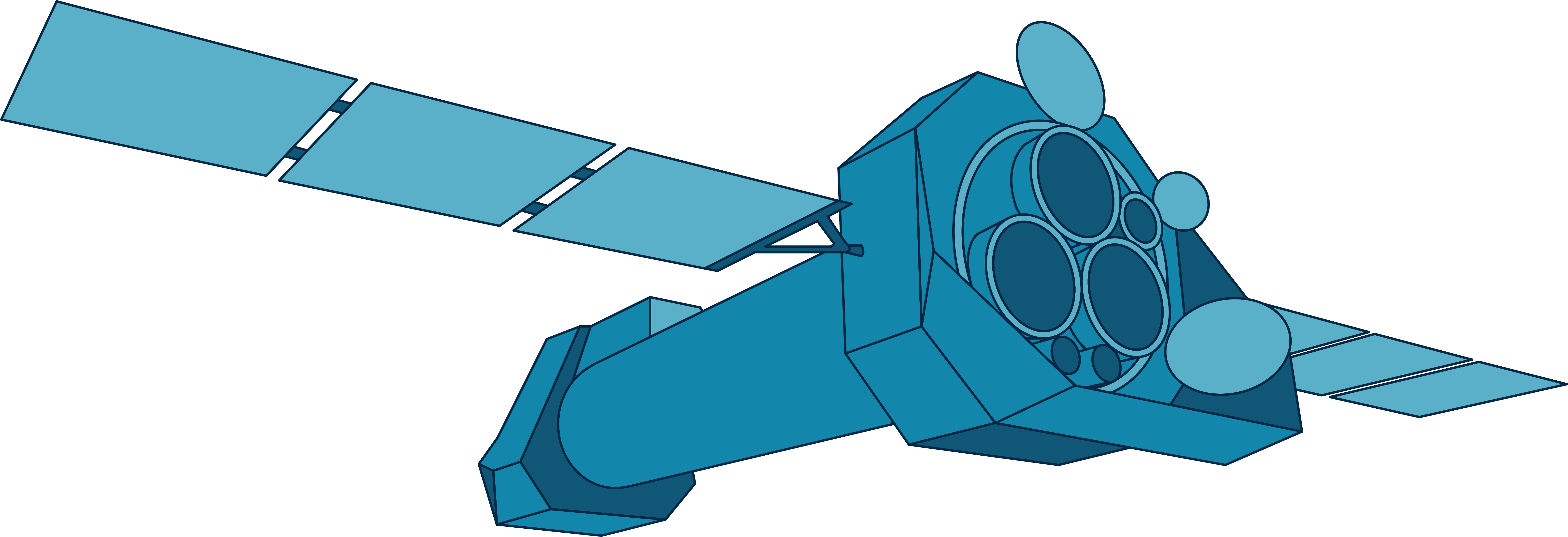 This illustration shows ESA's XMM-Newton observatory in shades of blue. Overall, the craft is dragonfly-shaped with a long, cylindrical body and an open "head" from which two solar array "wings" extend.