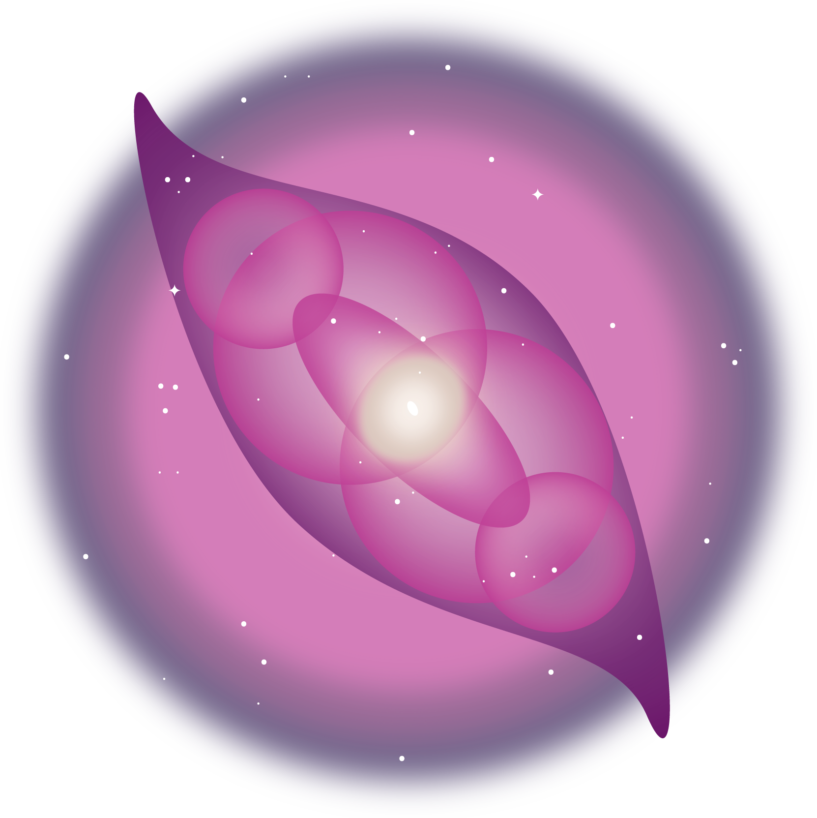 In the background is a hazy pink and purple circle, with dark, transparent dark purple around the edge and lighter/brighter pinks leading inward. In front of the big circle is a purple object, shaped like a minimal, twisty lemon. Inside of this shape is a central, light yellow, cloudy circle with a bright white spot in the middle. All within the lemon-shaped object, the white spot is surrounded by a pink oblong oval shape which is overlapped by two large, pink circular shapes and two small, pink circular shapes. White dots representing stars speckle the image.