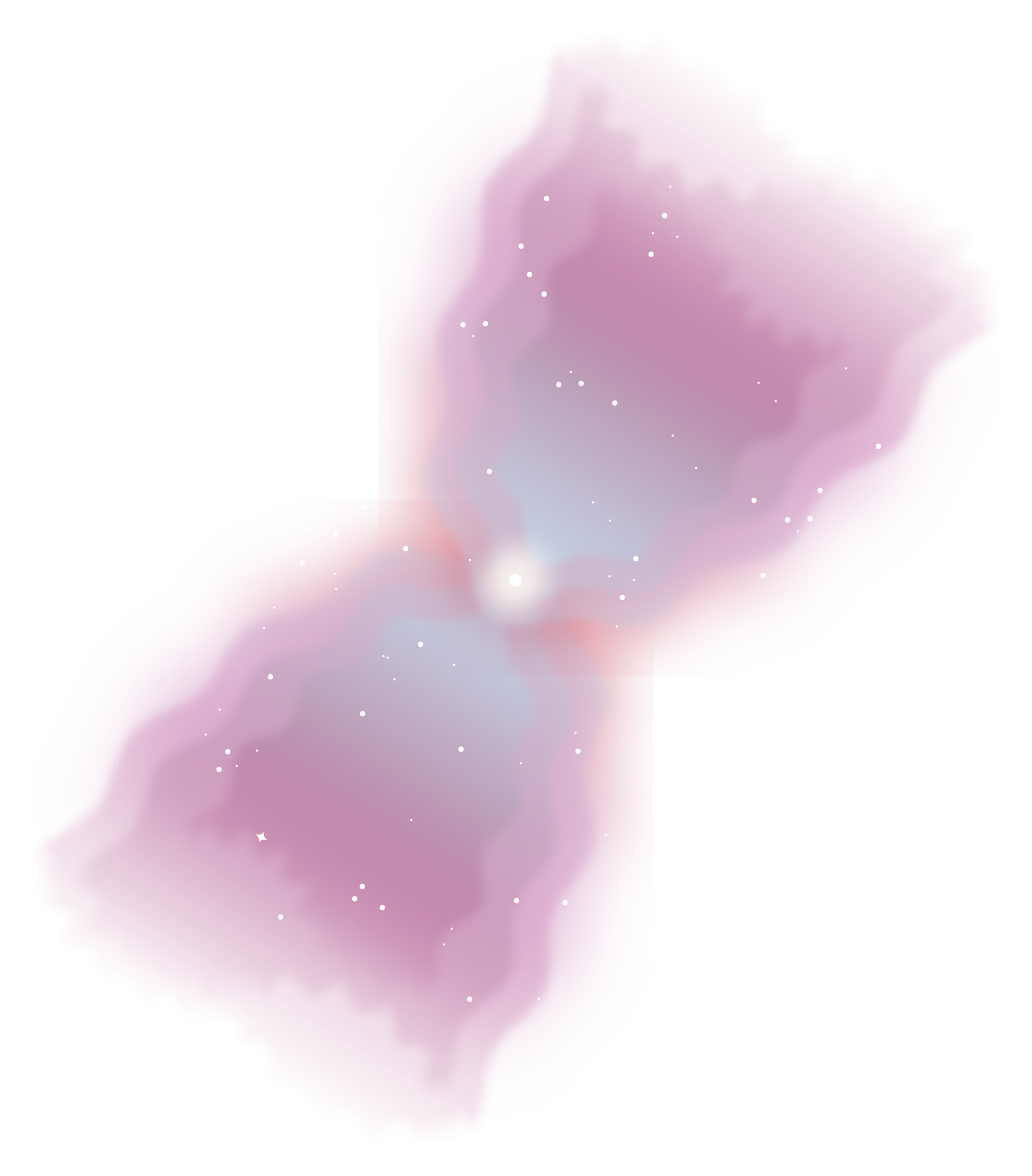 A transparent, colorful hourglass shape has a central point that is a white circle surrounded by bright, light haze. Extending out from the center in opposite directions are plumes of color that form  the hourglass shape. Each  starts as blue near the central circle, then fades into a purplish pink color. The outline of the hourglass shape is wavy and white dots representing stars speckle the image.