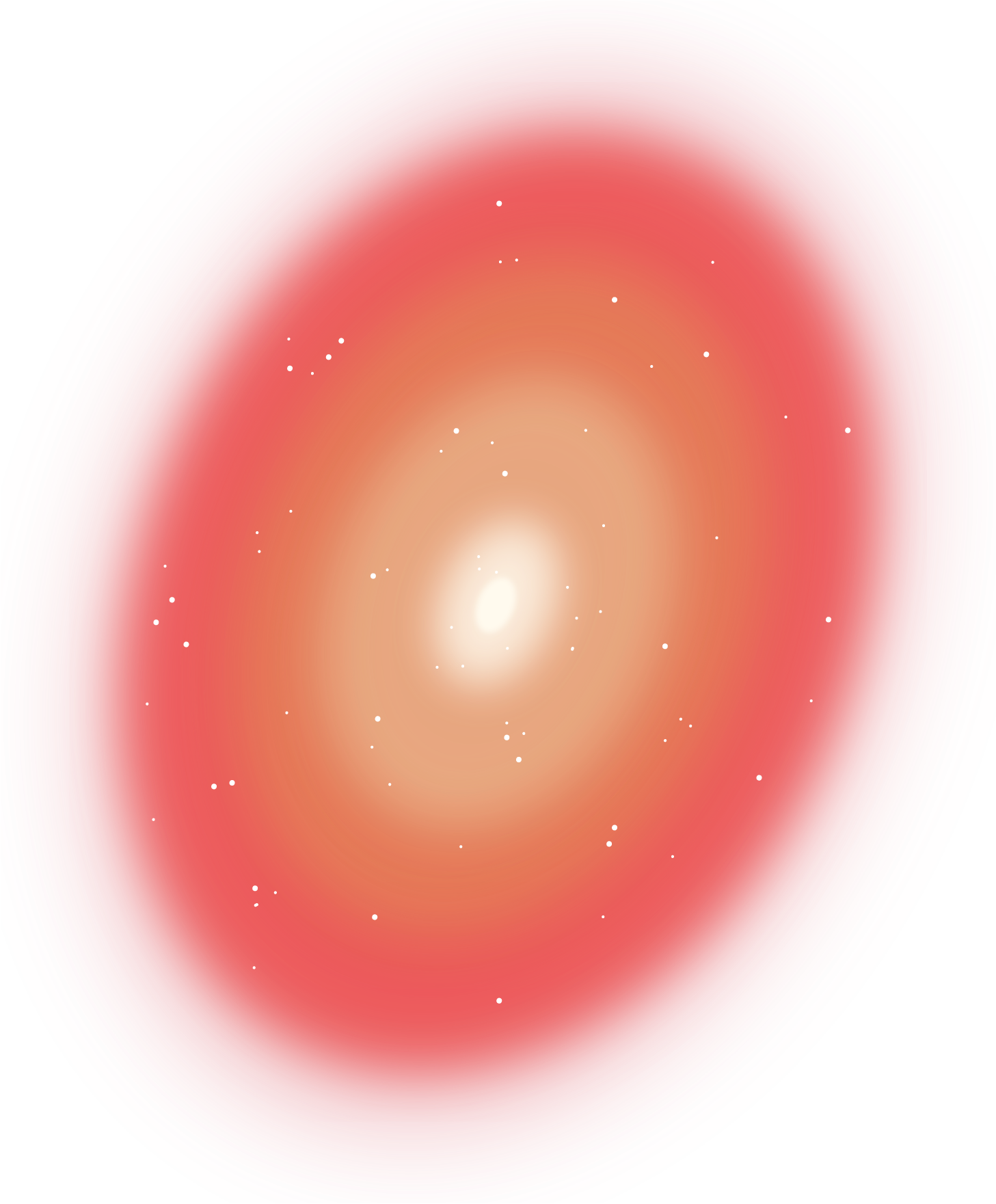 A diffuse oval is outlined by dark orange but gets progressively lighter in rings towards the center, a bright white spot surrounded by a small ring of white haze. White dots representing stars speckle the image.