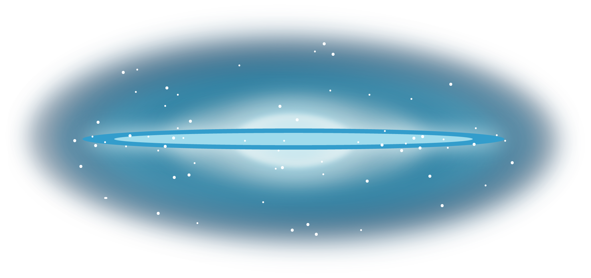 An illustration has an elongated oval in  light blue stretching across the center, outlined in a darker blue. Behind the strip is a diffuse, very light blue cloud that fades into a light blue and then a darker blue. All over the image are white speckles, representing stars.