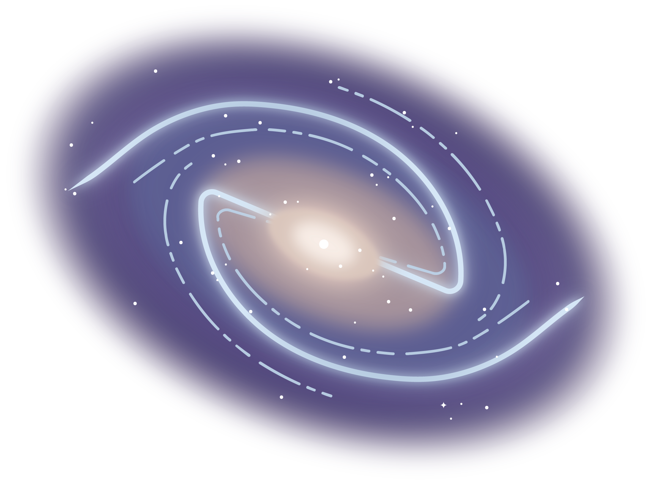 A background of medium, bright purple shows a bright, white, thin line that creates an oblong, elongated swirl that connects in the middle with a yellowish, diffuse cloud. White dots representing stars speckle the image.
