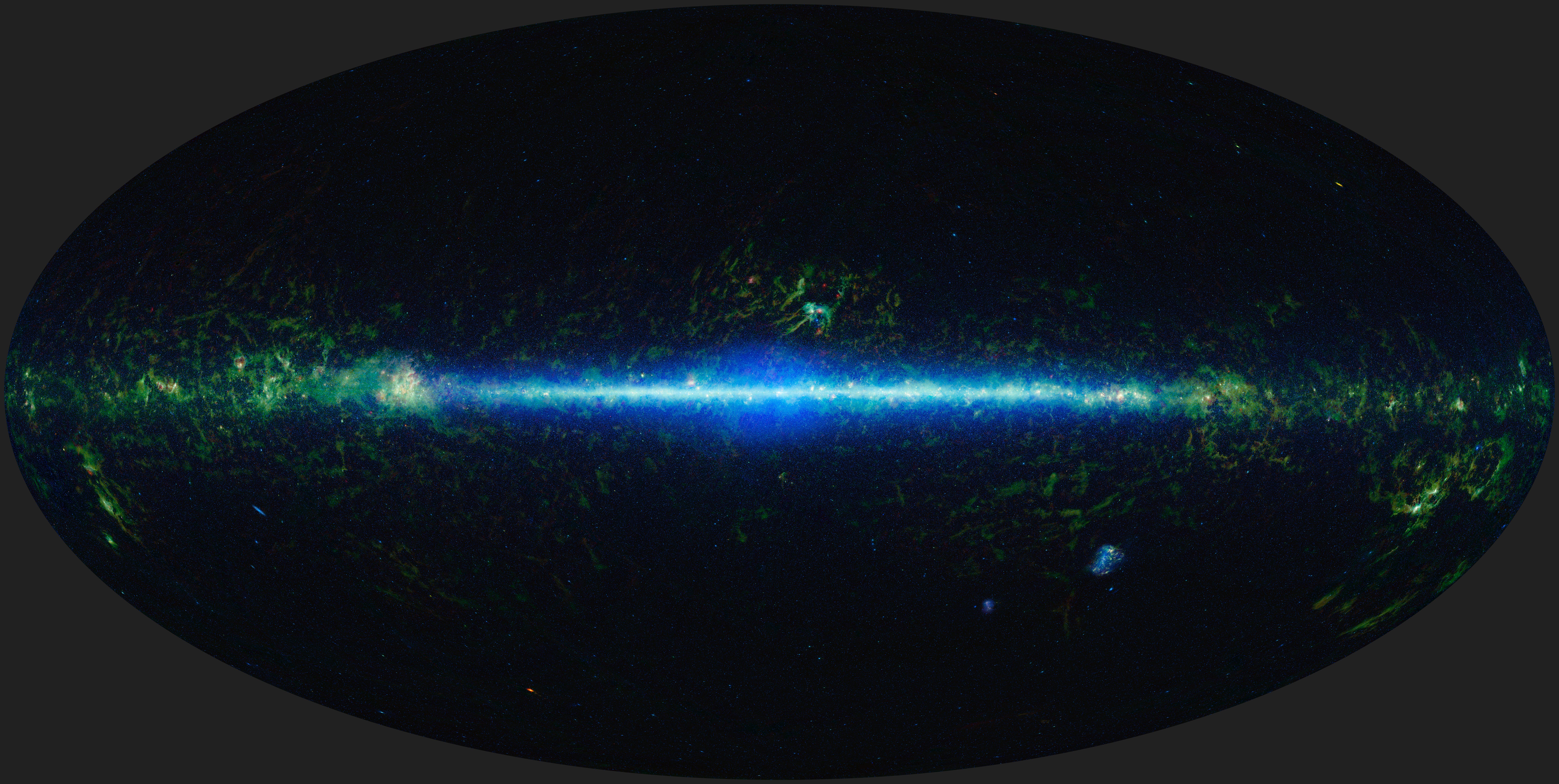 The image is an oval, which represents the sky folded out onto a flat surface. There is an electric blue, fuzzy light running left to right in the center of the image, showing emission from the plane of our Milky Way galaxy. About half way between the center of the image and the left edge, that blue line turns green and expands out into diffuse clouds. That blue line similarly expands into diffuse green clouds on the right side, too. Most of the rest of the image appears black with just a few spots of dim green clouds dotted around the image.