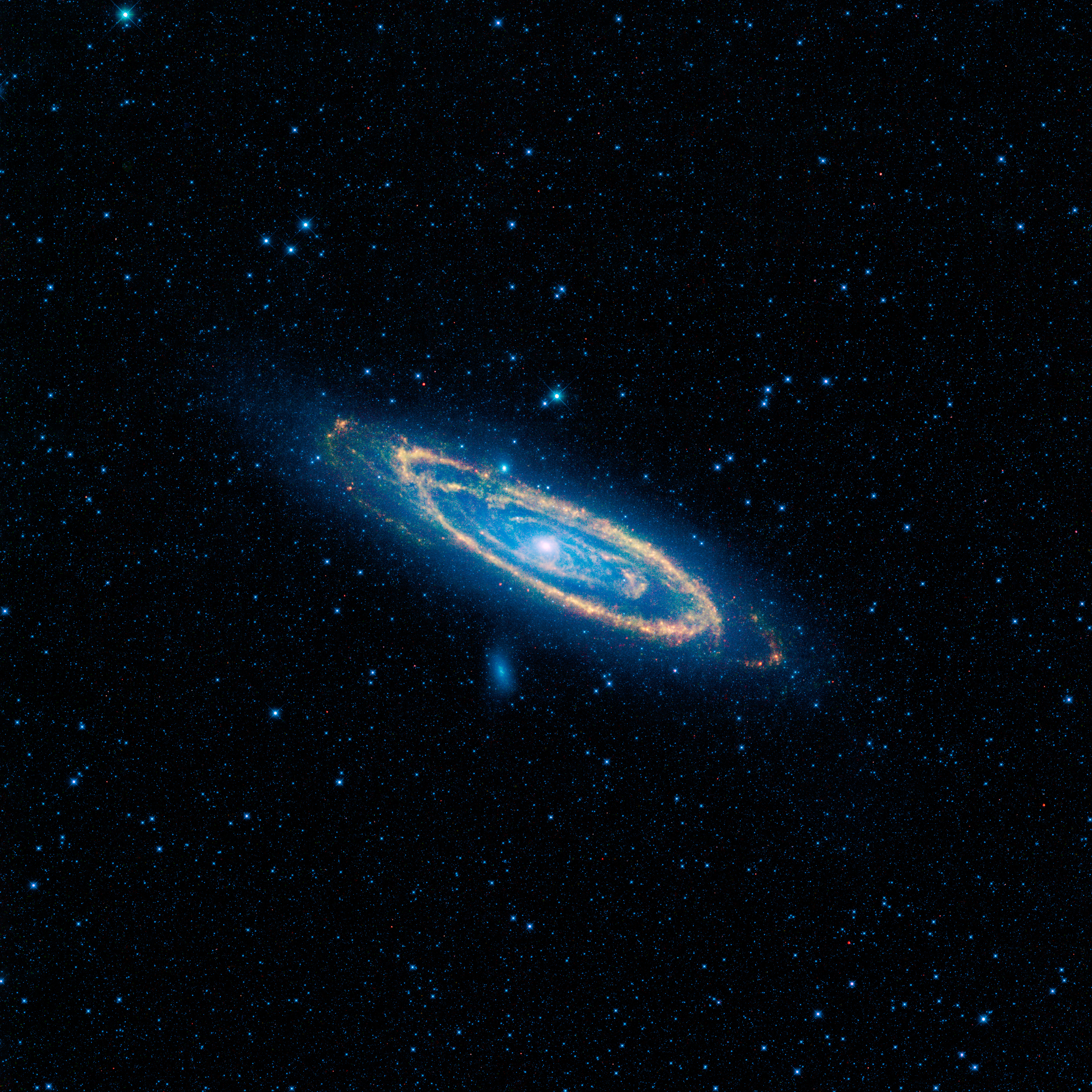 M31 is a spiral galaxy seen in this image against a black sky speckled with blue points of light. It appears like a flying disk toy seen tilted up and to the left, with a bright orange circle of light and tendrils of orange and pale blue light swirling in toward a central bright, white spot.