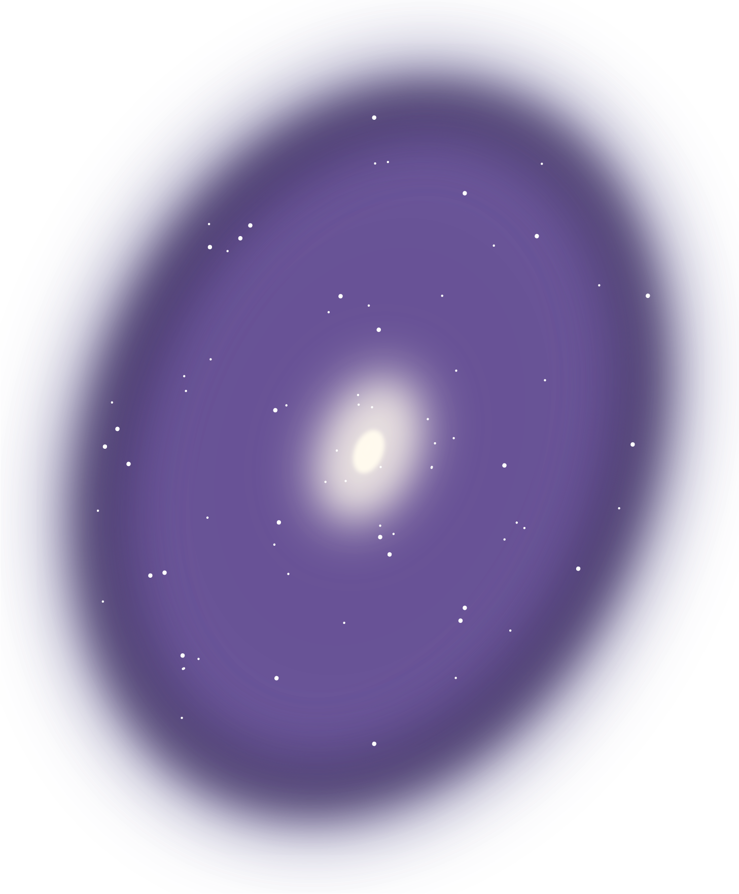 A diffuse oval is outlined by dark purple but is primarily a medium, bright purple except for the center, a bright white spot surrounded by a small ring of white haze. White dots representing stars speckle the image.