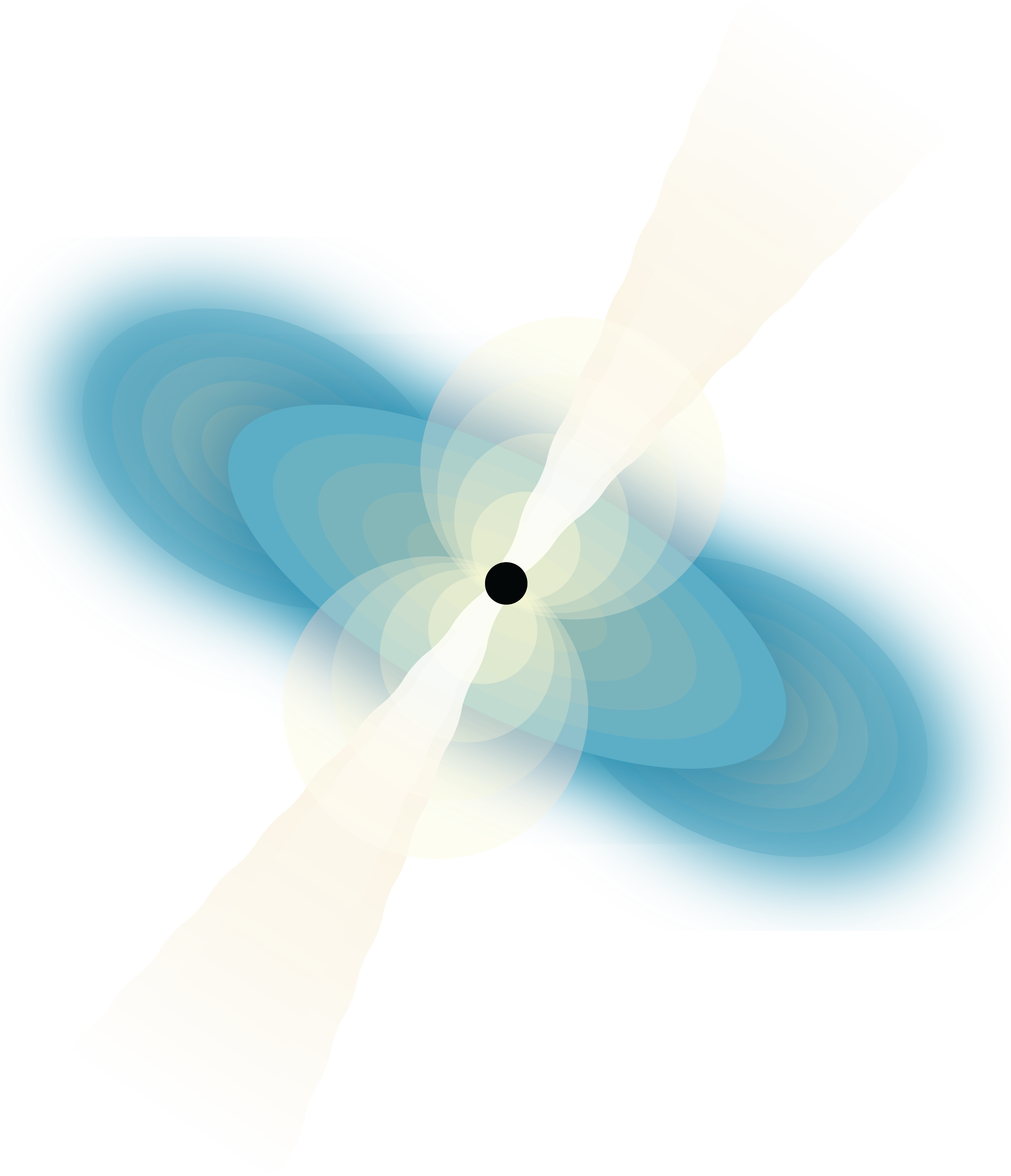 At the center of this graphic of a short gamma-ray burst is a black dot representing a black hole. A cloud of debris, represented as a yellow-ish filled-in figure eight is centered on the black hole and tilted 45 degrees to the right. A pair of white-ish, cone-shaped jets are aligned with the figure eight and extend above and below the black holes. Additional debris is represented as a blue oval and a filled-in eternity symbol, both centered on the black hole and tilted 45 degrees to the left.