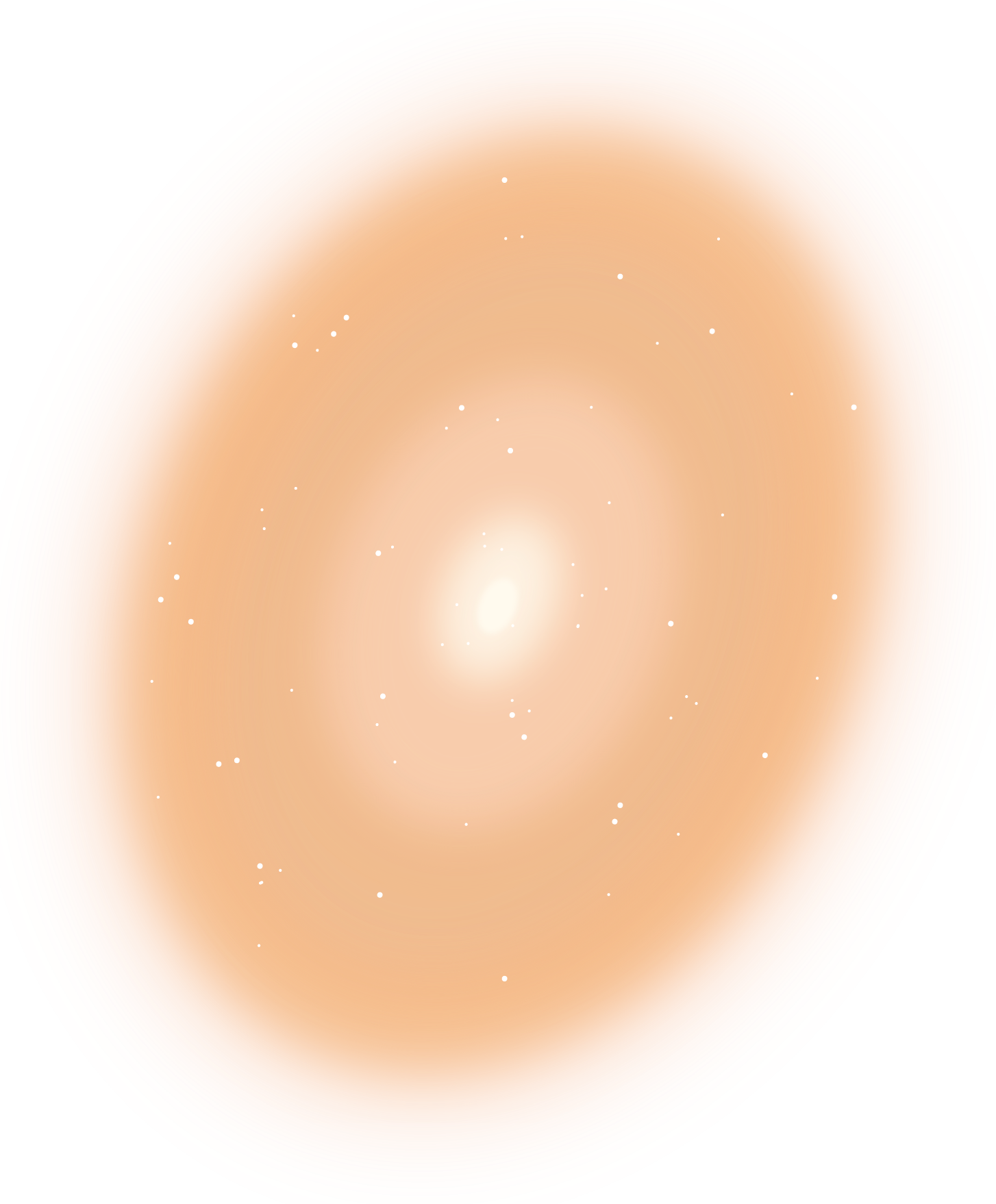 A diffuse oval is outlined by a light orange-ish yellow but gets progressively lighter in rings towards the center, a bright white spot surrounded by a small ring of white haze. White dots representing stars speckle the image.