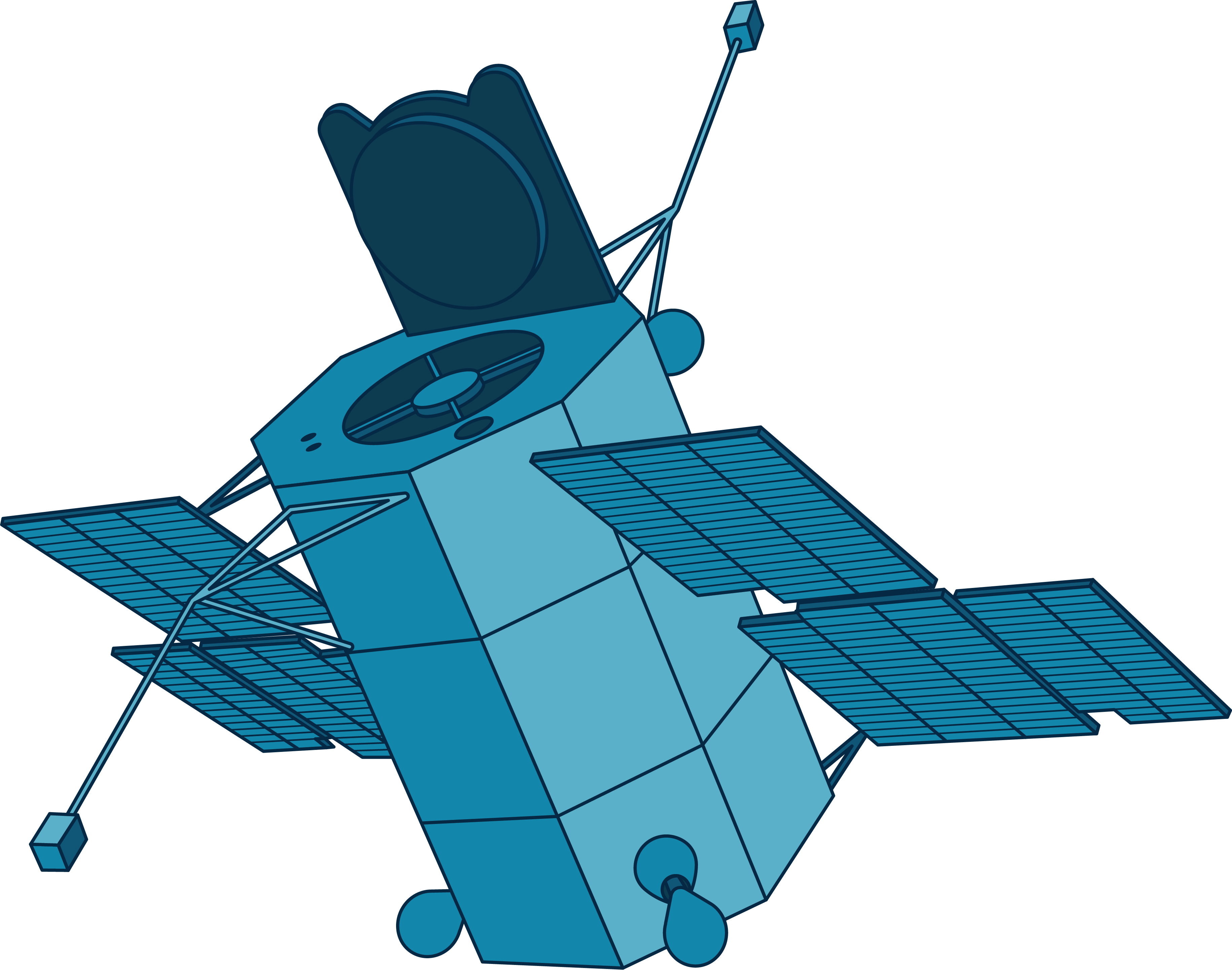 This illustration shows one of NASA's OAO spacecraft in shades of blue. The body of the satellite is an octagon. The telescope opening is embedded at the top of the octagon, which also has a flap that is open. Two-layered solar panels are attached on both sides. Antennae extend from the top and bottom.