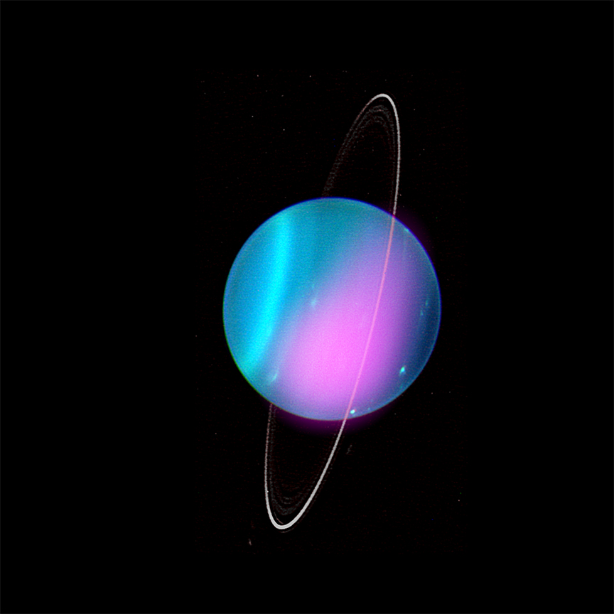 Uranus is depicted in blues and pinks, encircled by a near vertical white ring. The blue and white colors represent optical data obtained by the Keck-1 Telescope, and the pink represents X-ray data gathered by NASA's Chandra X-ray Observatory. The blues, which appear as blended, near vertical stripes, range from midnight blue at our right, to teal and even neon sky blue at our left. Across the right half of the planet is a teardrop-shaped patch of neon pink. Several pale blue dots mark the surface of the planet, though none appear in the hot pink patch. The near vertical ring, which is slightly tipped toward our upper-right, is quite thin. It appears white when set against the black background, and pink when it passes in front of the planet's pink patch.