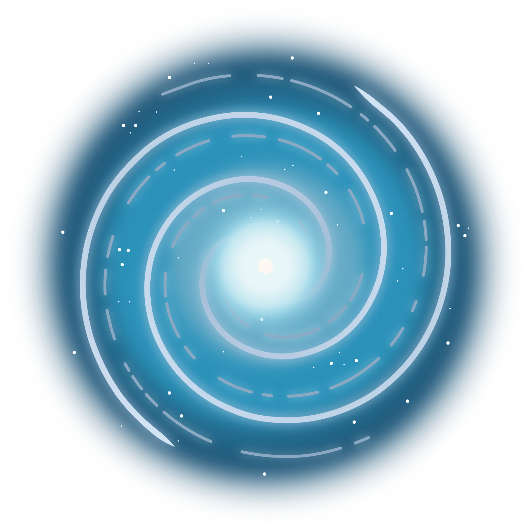 A hazy range of blues with darker blue around the edge makes up the base of this swirling spiral of white lines twirling inward toward a white cloud with a white spot in the center. White dots representing stars speckle the image.