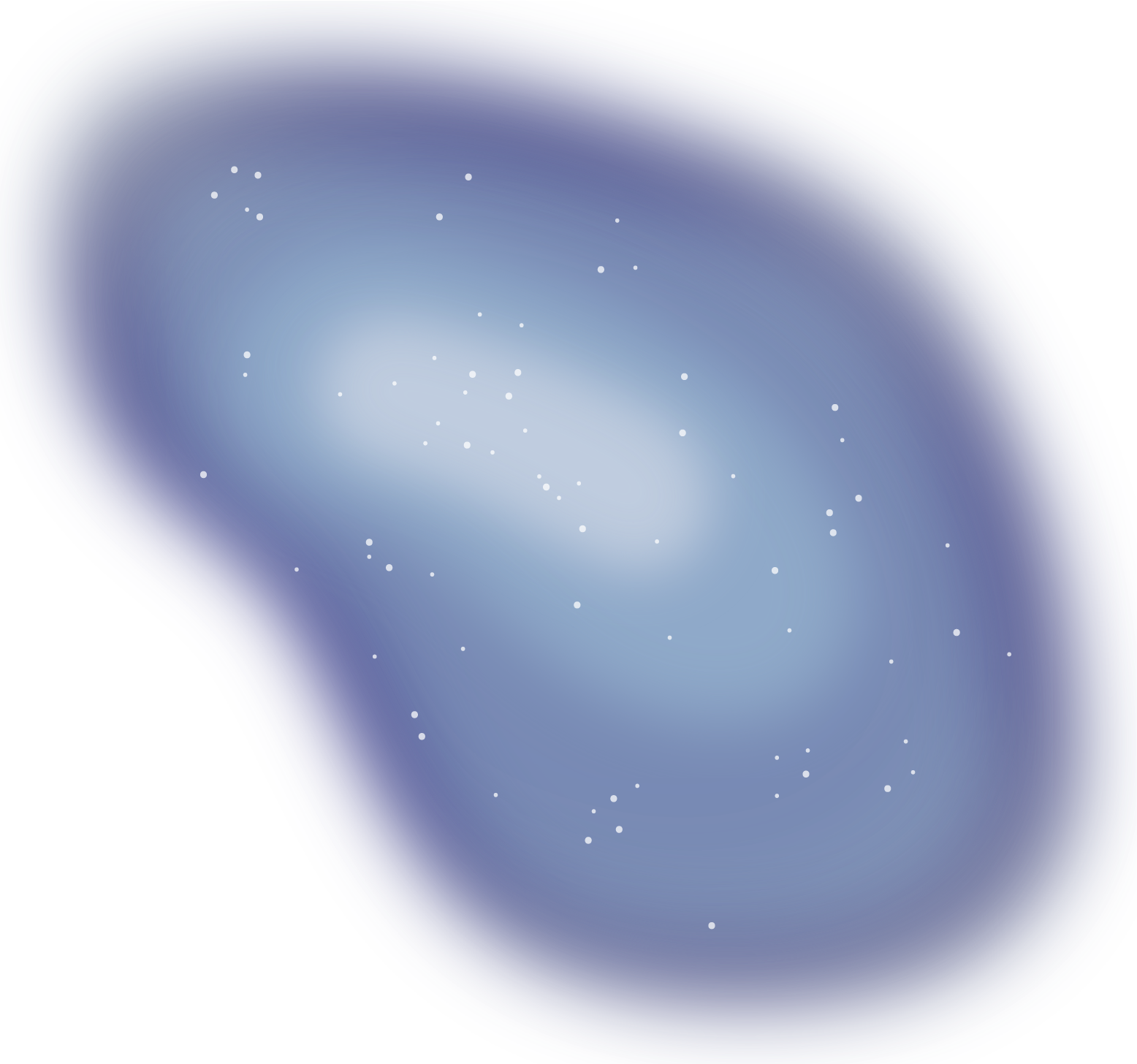 An amorphous, bean-shaped diffuse purple blob that's darker around the rim with a light, whitish center. White dots representing stars speckle the image.