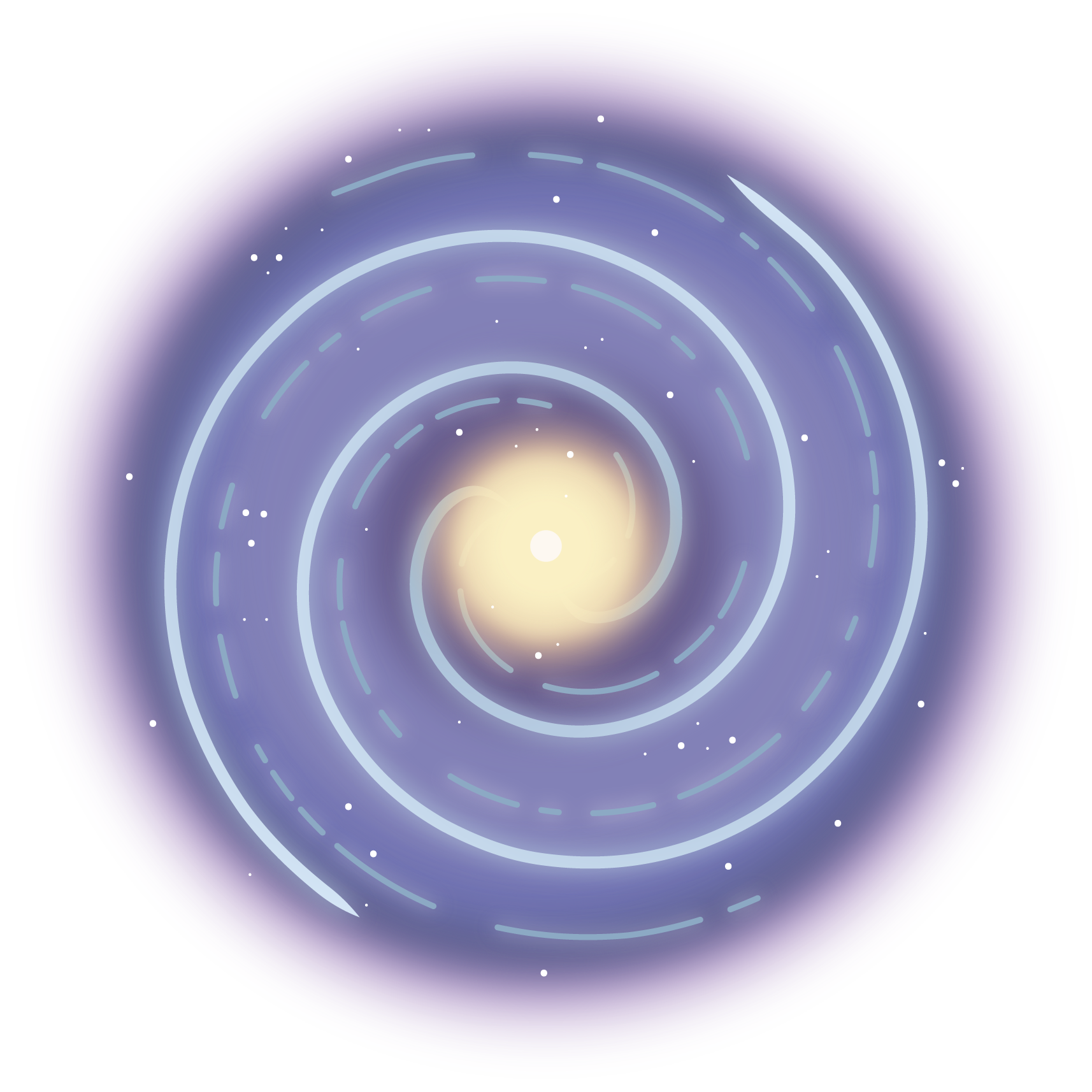 A hazy range of purples makes up the base of this swirling spiral of light blue lines twirling inward toward a yellow cloud with a white spot in the center. White dots representing stars speckle the image. 
