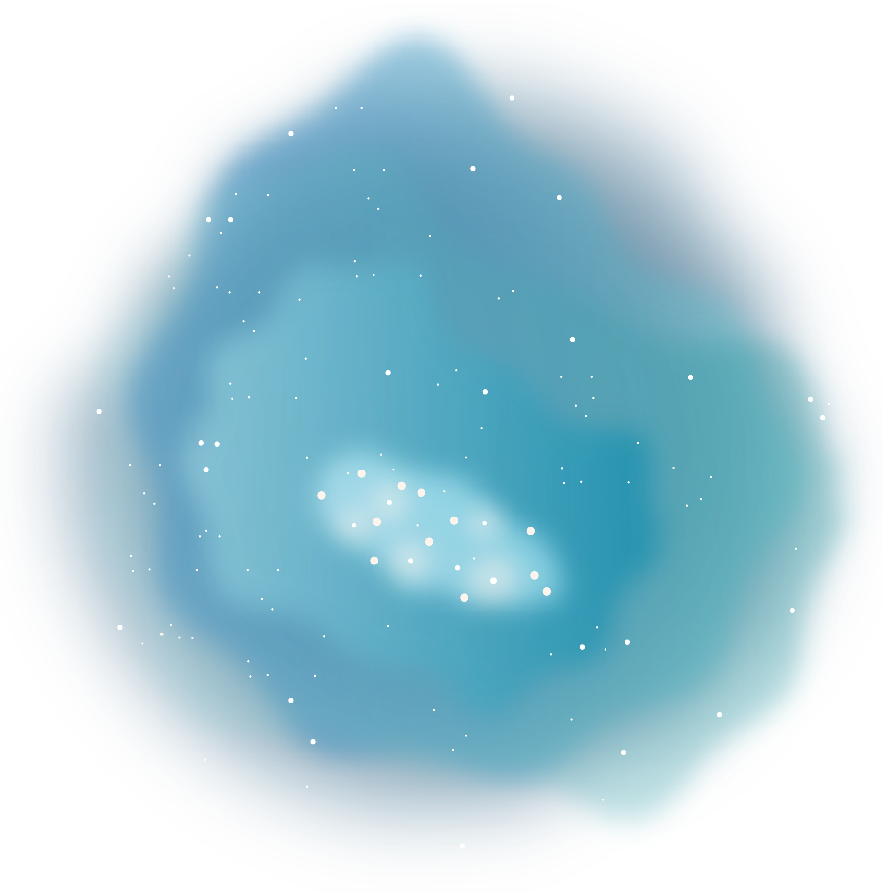 A large, amorphous blob in a subtle tear drop shape has layers of transparent, hazy color overlapping. The different layers are a range of transparent blues, some greener shades than others. While white dots representing stars speckle the whole image, in the center of this shape is a bright white oval cloud with more pronounced and larger stars grouped together.