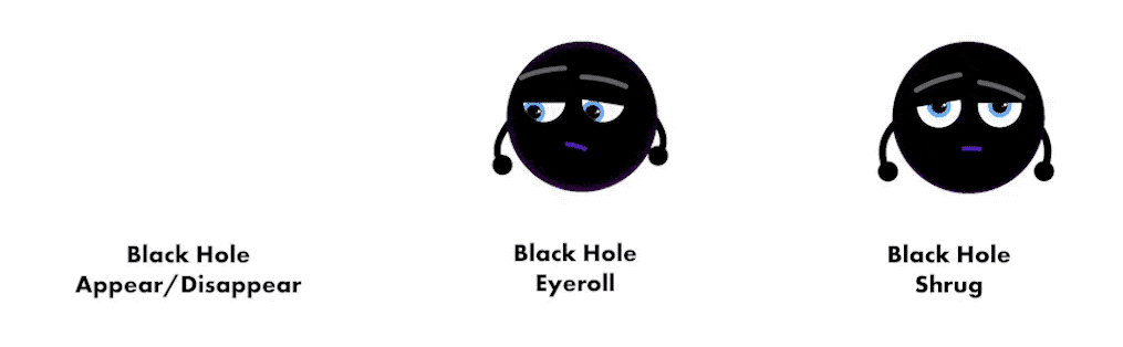 This image shows the same black hole cartoon character in three different animated poses. The character is a round black circle with a pair of thin arms on each side with balls for hands. They have two half-circle eyes, gray eyebrows, and a small blue line for a mouth. The first animation starts blank, and then the black hole “swipes” in from the left, waves, then disappears again. In the middle animation, the black hole rolls their eyes up to the right. Finally, in the last one, they pull their arms up to mimic a “hands on hips” pose while they mug the camera. There is text below each image with a couple of words or a phrase describing each pose.