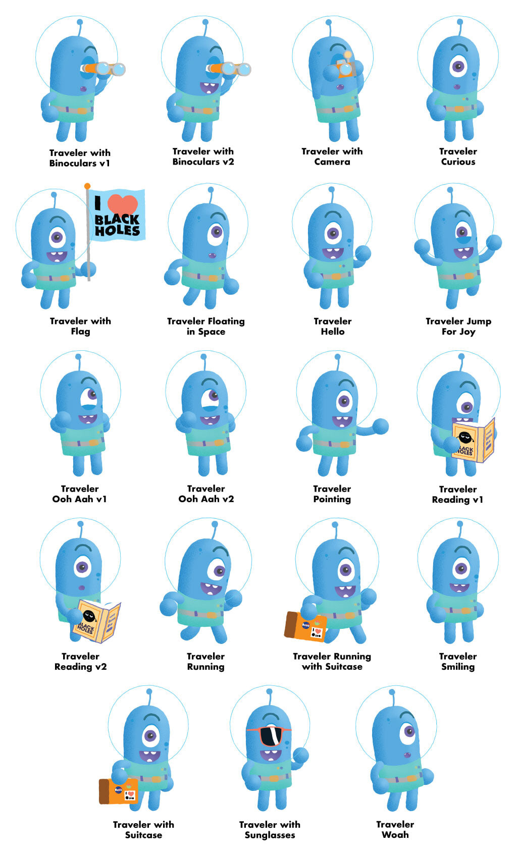 This image shows the same blue cartoon character in a variety of poses. The character, called The Traveler, has one eye and an antenna on the top of their head, and they are wearing a green spacesuit and a bubble-shaped clear helmet. In the top row, there are two poses with the Traveler using a pair of binoculars, one with them taking a photo, and another with them looking outward with their mouth in an “o.” In the second row, their poses include one where they hold a flag that says “I heart black holes,” another where they are looking up and to the right, floating, another where they are waving, and another with both their arms and one leg up as if jumping for joy. The third row has two poses where the Traveler has their hands near their face marveling over something, another where they are pointing to the right, and one where they are reading a book about black holes. The fourth row has another pose with them reading a book, but this time looking out with amazement, another pair of poses where they are running to the right, one of those holding a suitcase plastered with illegible stickers, and one with them standing and smiling. Finally, the fifth row has three poses, one with them holding a suitcase staring outward, another with sunglasses over their one eye, and the final pose looking up to the right with their mouth in an “o.” There is text below each image with a couple of words or a phrase describing each pose.