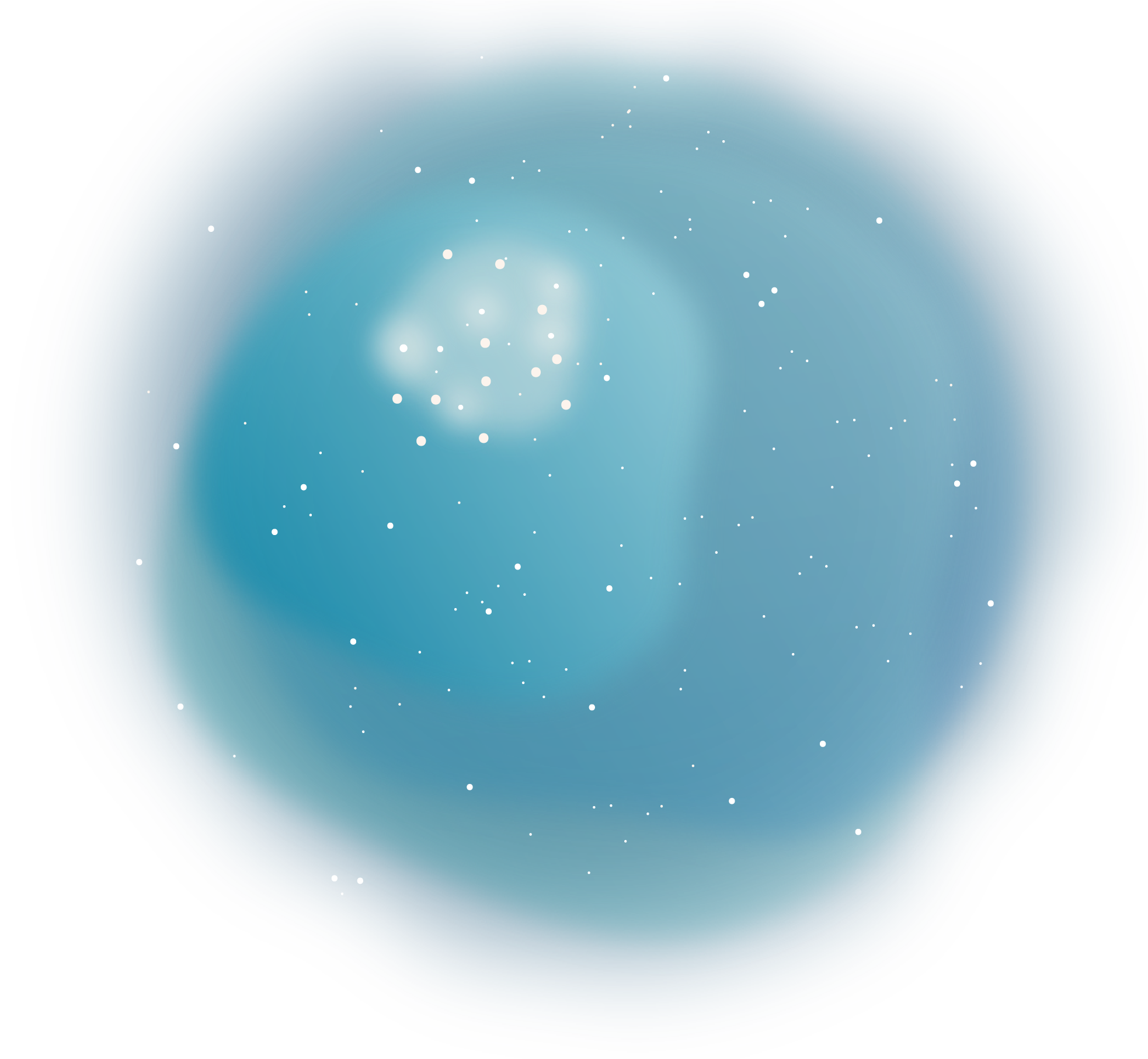 A large, amorphous blob in a circular shape has layers of transparent, hazy color overlapping. The different layers are a range of transparent blues, some greener shades than others. While white dots representing stars speckle the whole  image, in the upper left part  of this shape is a bright white circular cloud with more pronounced and larger stars grouped together.