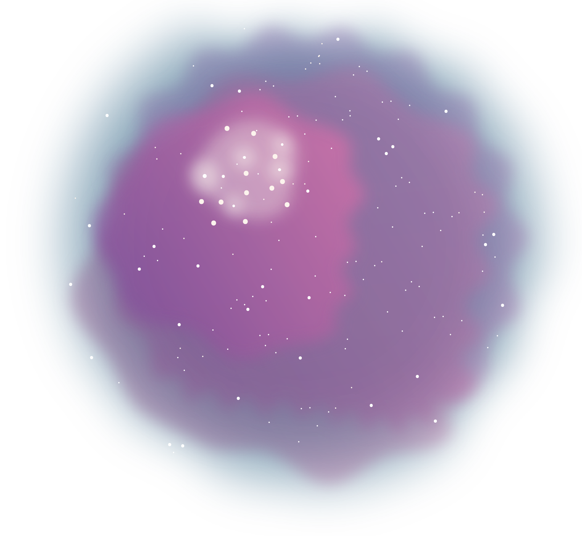 A large, amorphous blob in a circular shape has layers of transparent, hazy color overlapping. The different layers start with a slight blue and dark purple around the outer rim and move inward to brighter purples. While white dots representing stars speckle the whole image, in the upper left part of this shape is a bright white circular cloud with more pronounced and larger stars grouped together.