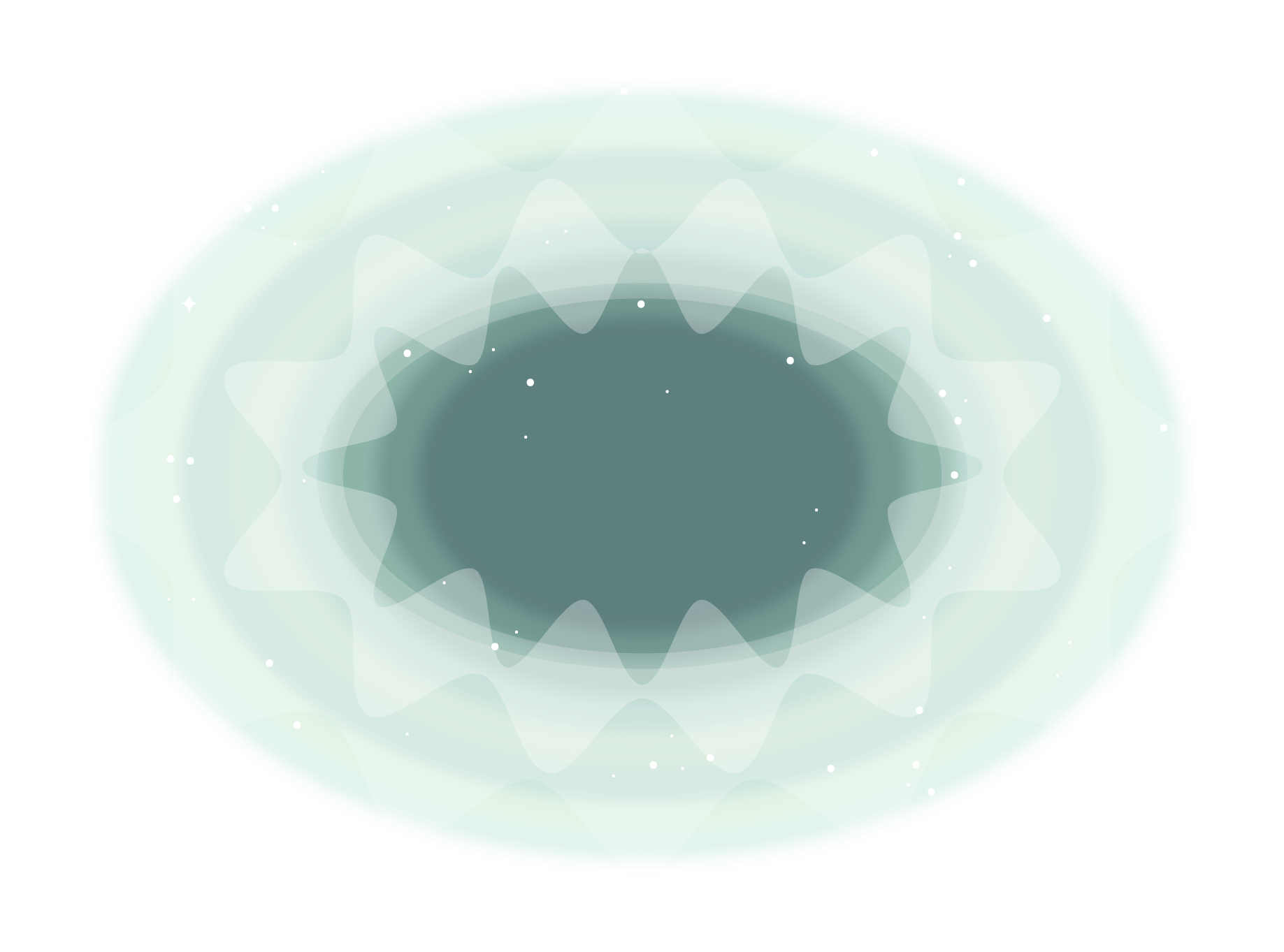 A large horizontal oval shape with stripes of lighter and darker green moves inward to a lighter green oval with waved edges. In the center is a dark green oval that appears like a starburst because of the waved outlines that lay on top. White dots representing stars speckle the image.