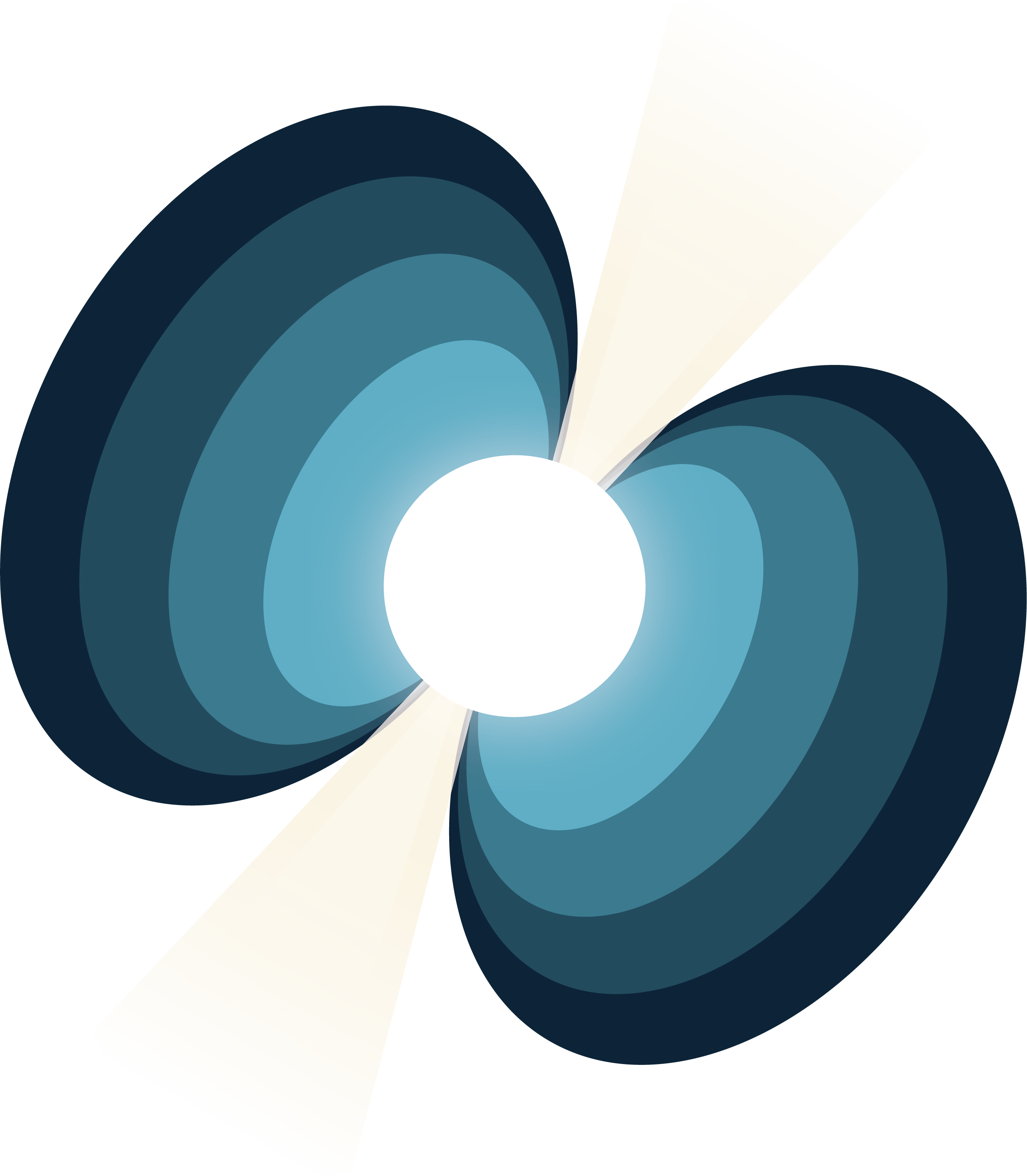 This object resembles a tilted open clamshell with a pearl in the center. The two halves of the shape have curved stripes that start as a bold, dark blue on the outside and move inward towards the center, getting brighter and lighter. In the center is a bright white circle with transparent yellow beams emerging from its sides.