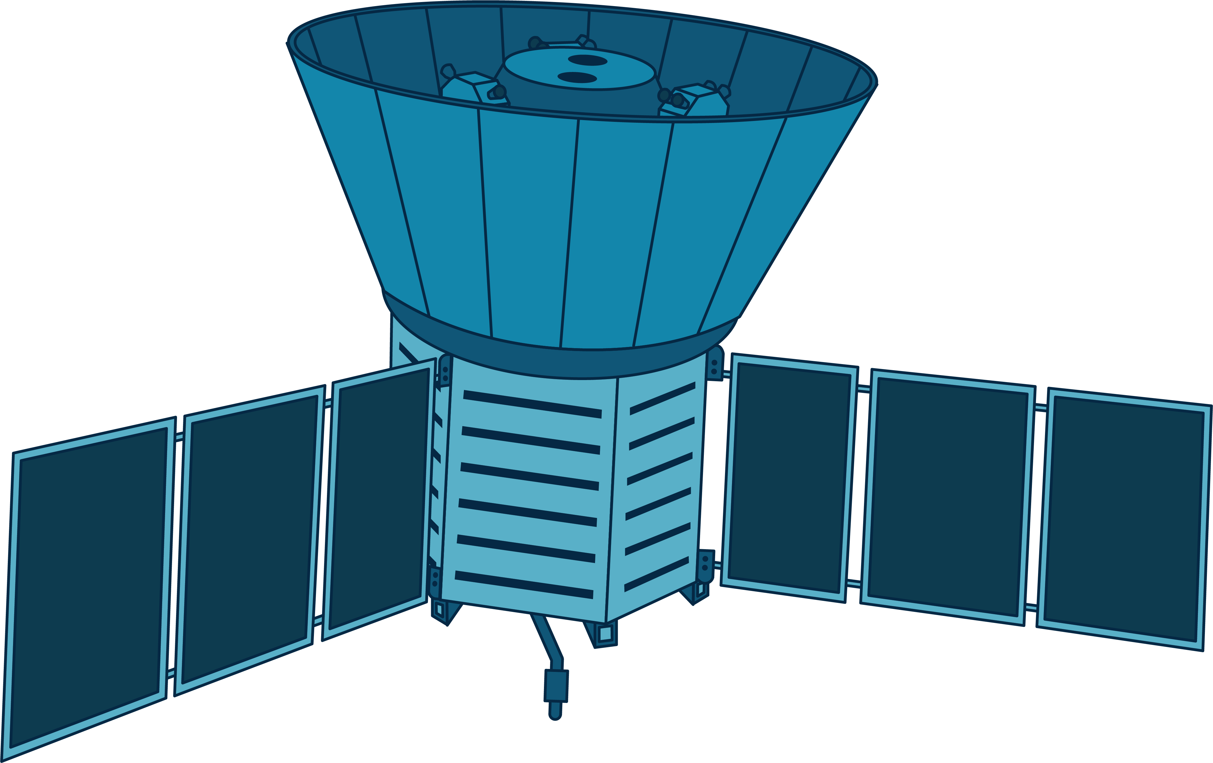 COBE is illustrated in light and dark blues. With two wings made up of three rectangular solar arrays each, the spacecraft's main body is made up of a striped, multi-sided cylinder with an attached cone-shaped structure on top.