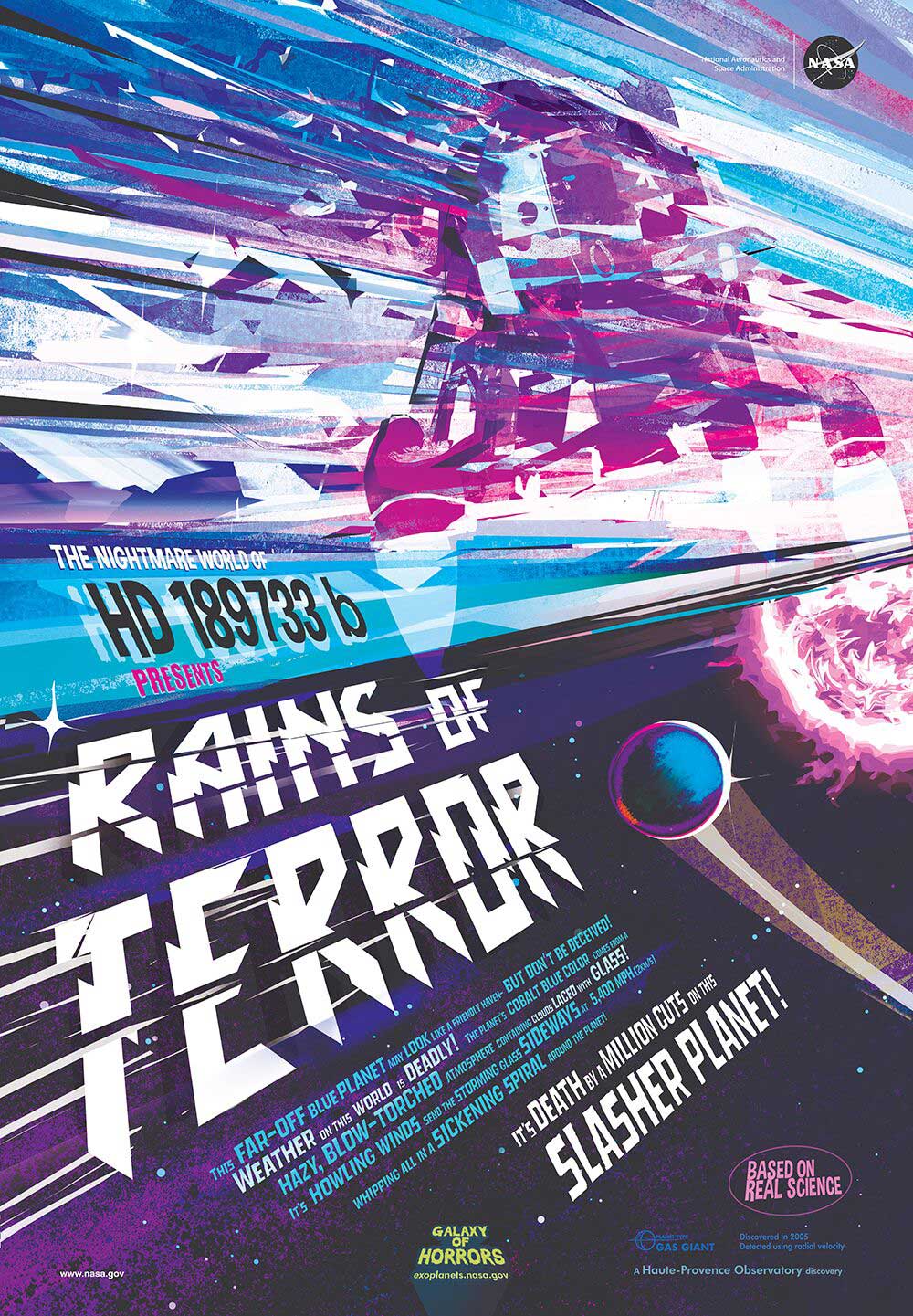 A poster done in the style of a vintage poster for a horror movie. Reading "Rains of Terror," it's death by a million cuts on this slasher planet. Jagged edges of glass can be seen battering a spacecraft on this alien world.