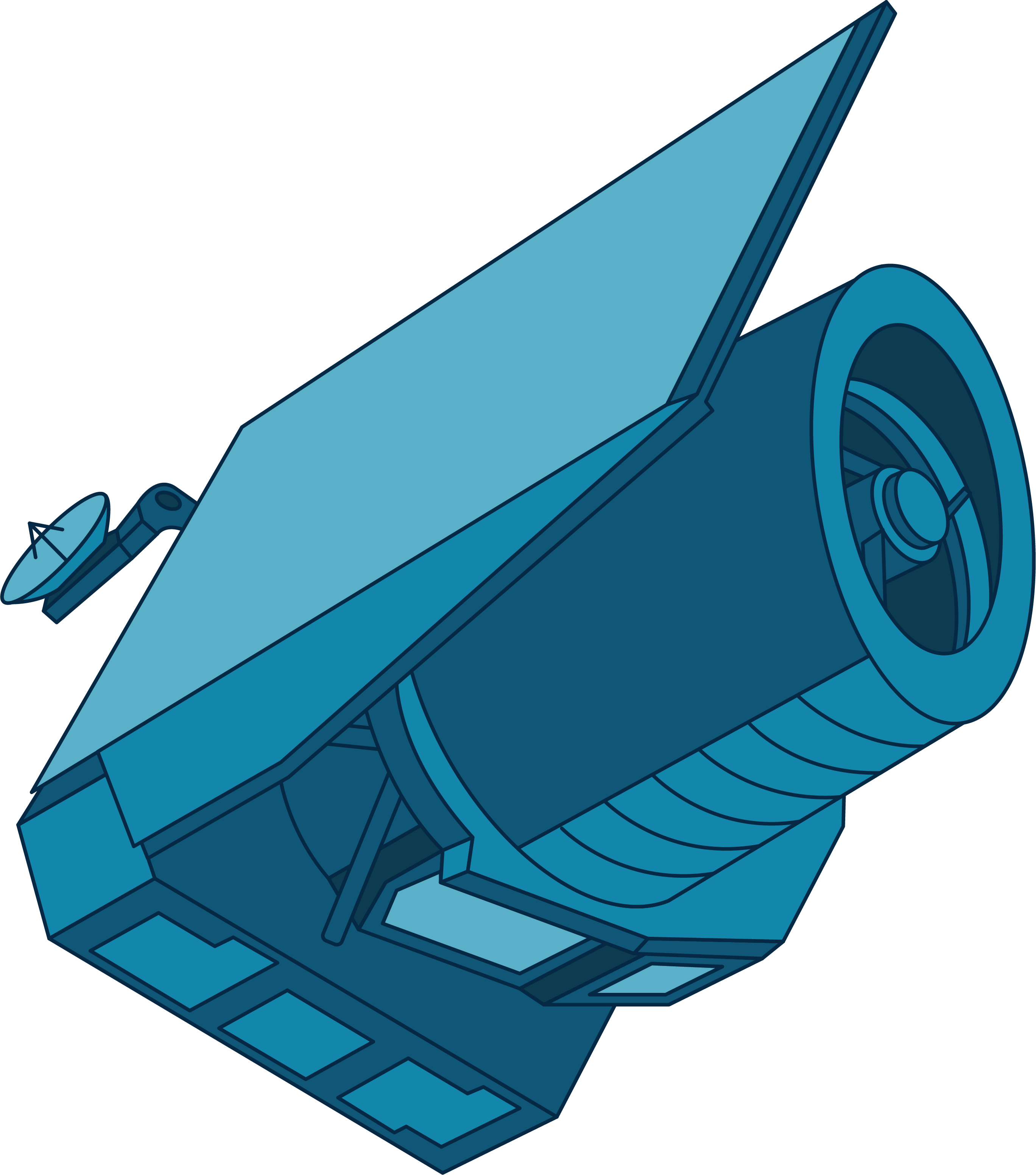 An illustration in multiple shades of blue depicting Euclid. The spacecraft has a cylindrical body with an open top and a flat, square base as well as a flat panel along its back.