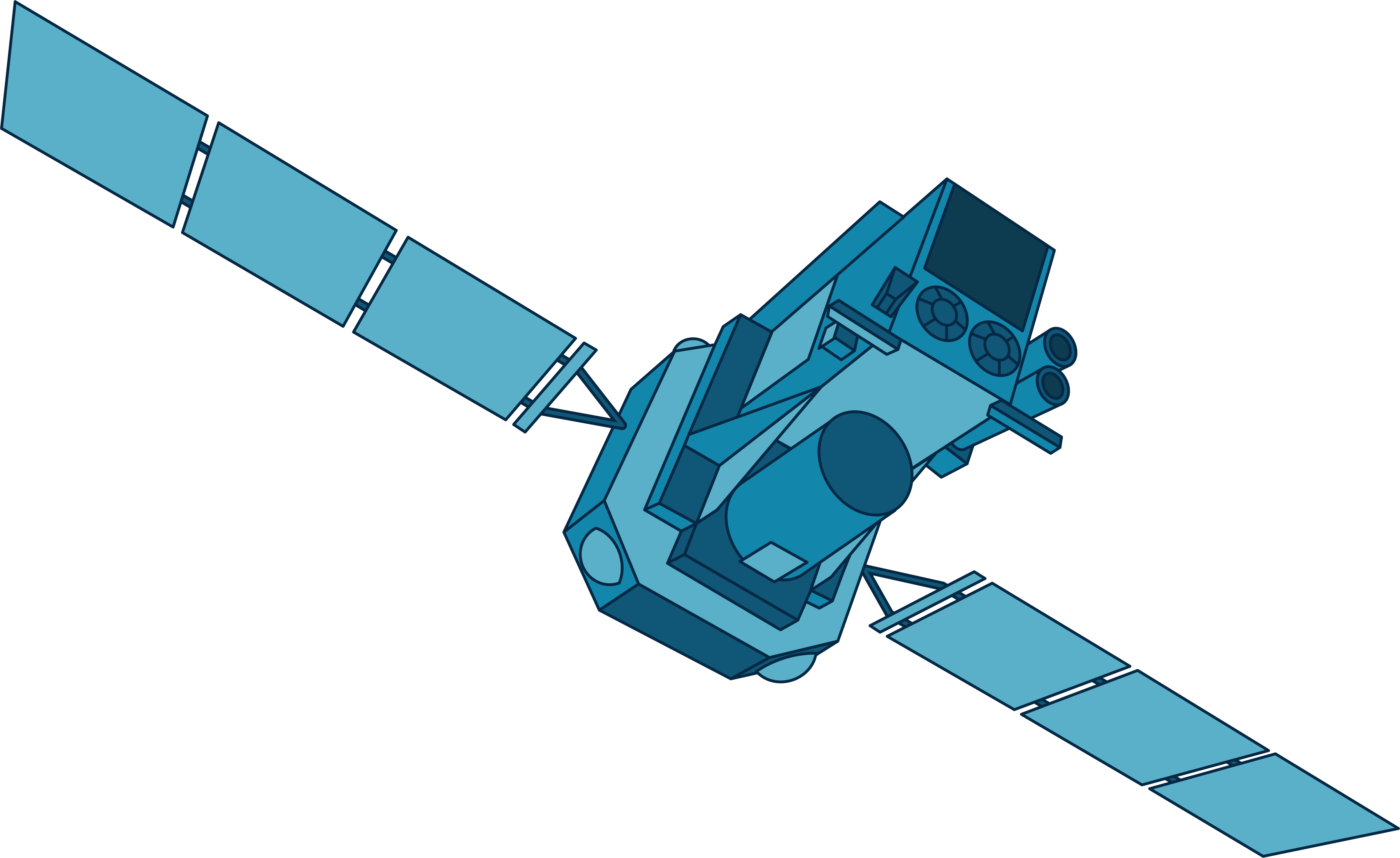 This INTEGRAL illustration shows the space telescope in shades of blue. The main body of the spacecraft is made of an octagonal base. A long rectangle extends from the base above a cylinder. Solar panels extend from either side of the base.