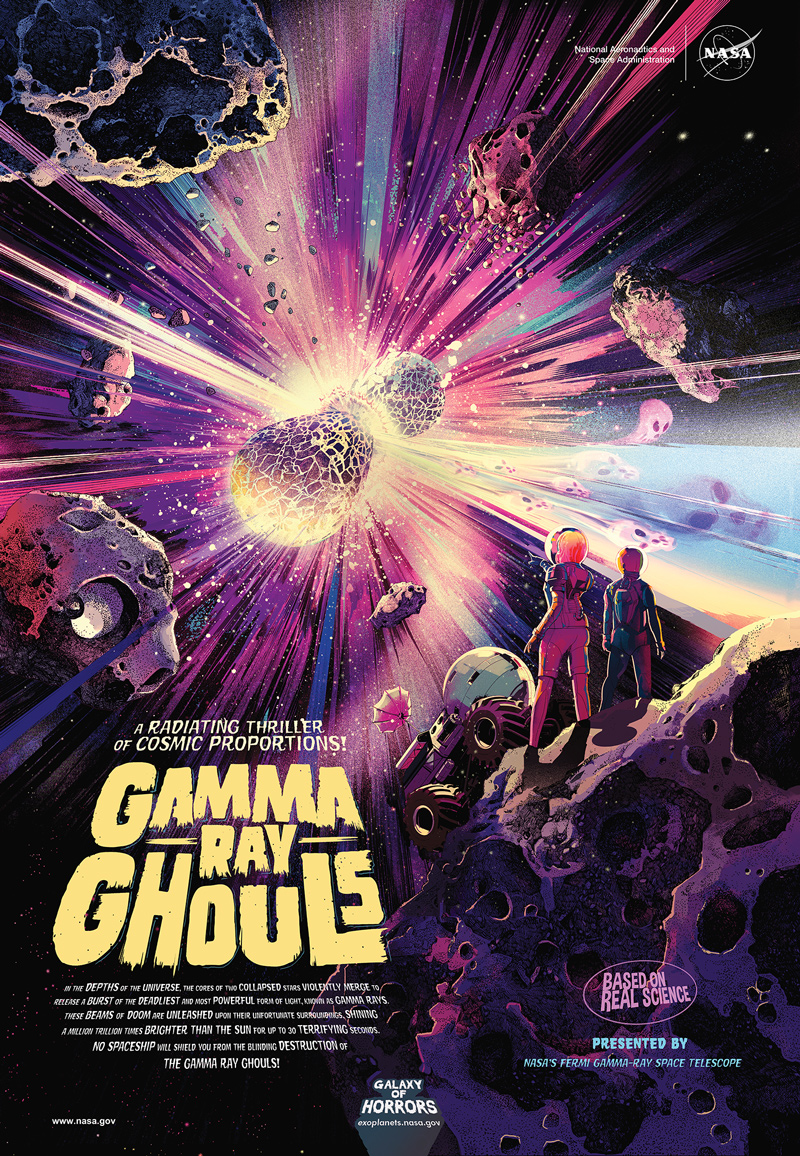 Two astronauts are standing on an asteroid, watching a pair of neutron stars, or the cores of collapsed stars, collide in the distance. The result of the collision is bright, concentrated beams of light called gamma rays. The gamma ray bursts narrowly miss the astronauts as they shoot outward from the collision.