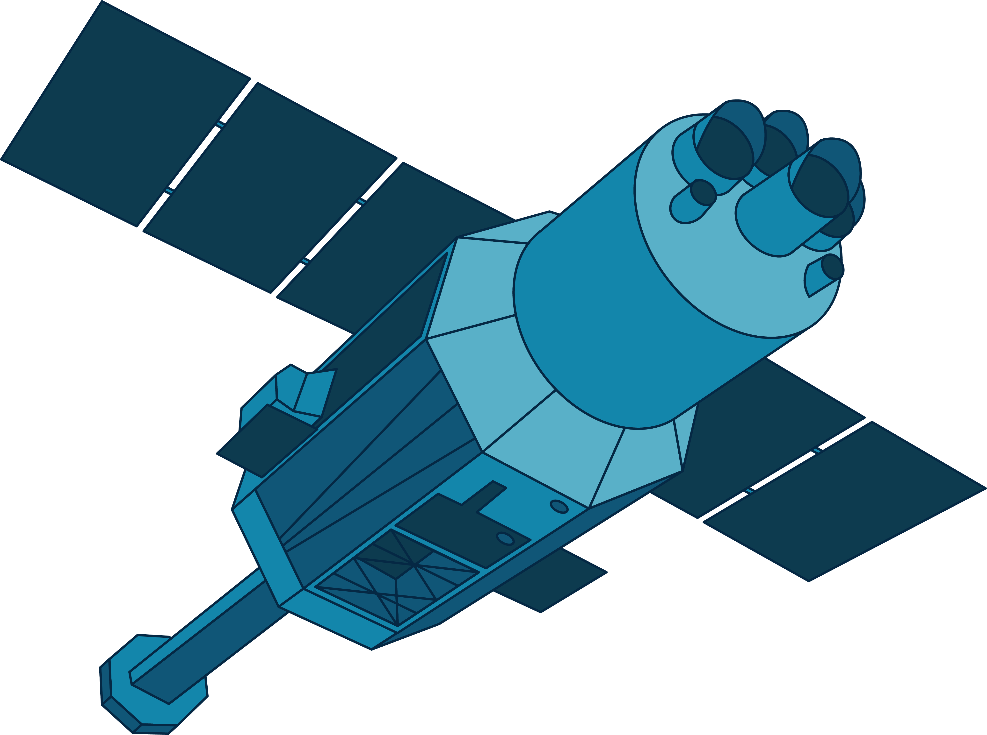 This Hitomi illustration shows the space telescope in shades of blue. The main body of the spacecraft is a long octagon with a cylindrical object on the front end. The cylinder has several smaller cylinders extending from it. On the back end of the satellite extends a long pole that ends in an octagonal panel. Solar panels extend to either side of the main body.  