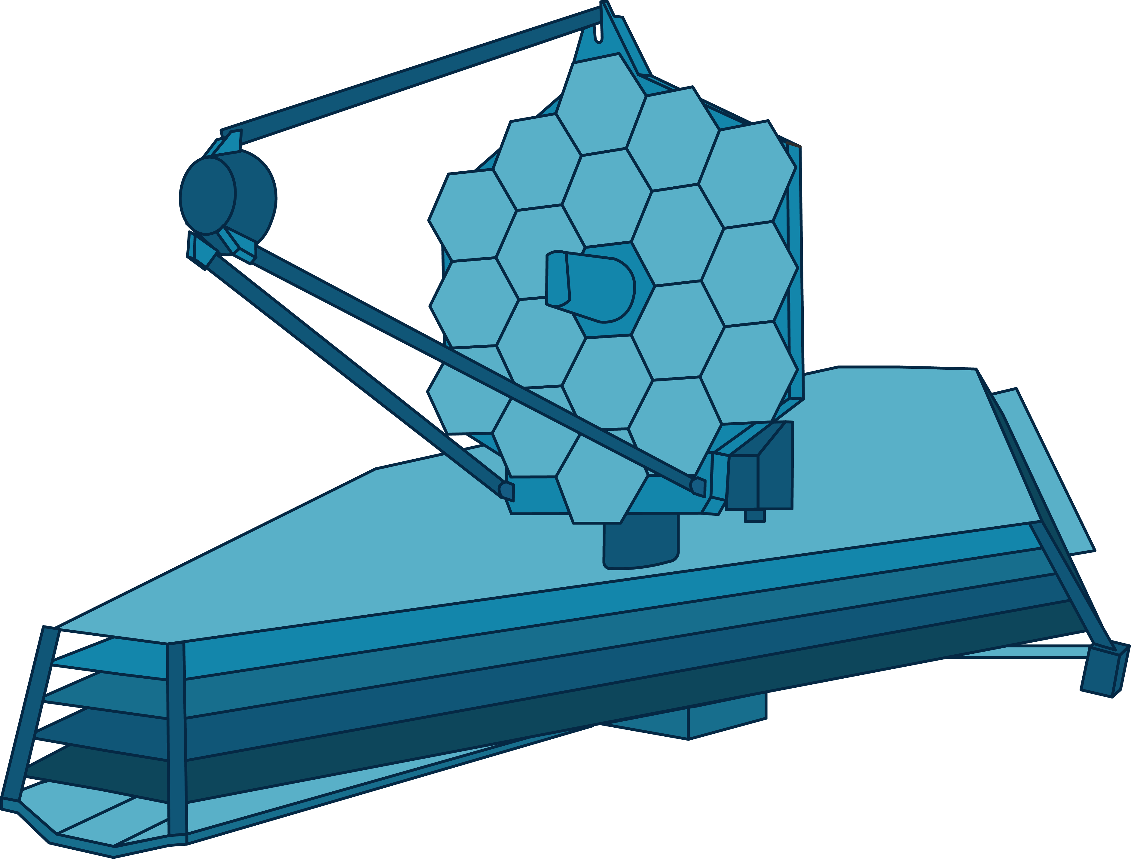 This illustration shows NASA's James Webb Space Telescope in shades of blue. Its base is made up of multiple different layers in an elongated shape. On top of the base sits the observatory's primary mirror which is a large hexagonal shape made up of smaller hexagons. Two rods at the base and one at the top protrude forward and all connect to a small disc, shaped object.