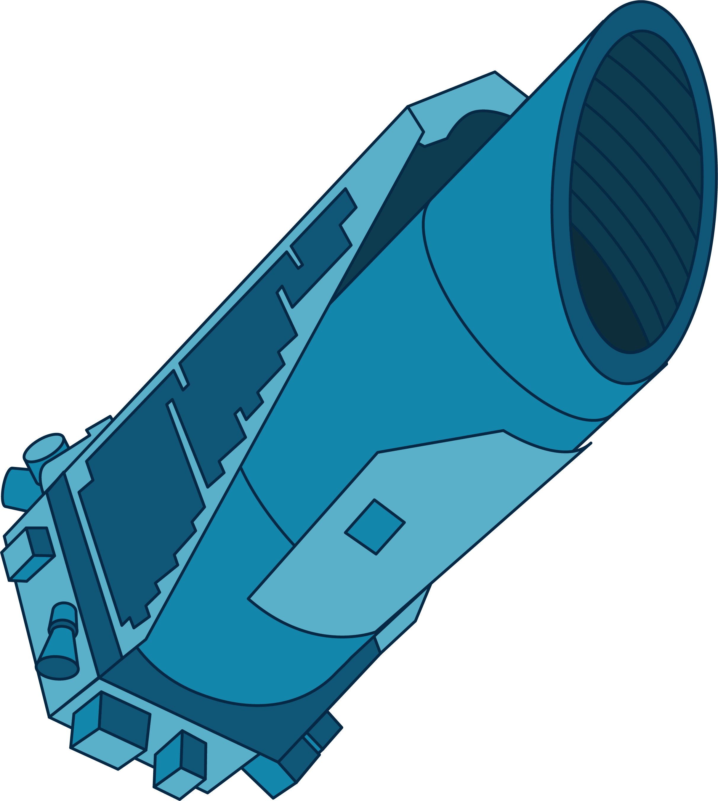 This illustration shows NASA's Kepler mission in shades of blue. The main body of the spacecraft is cylindrical in shape, with a slanted top and a base that attaches to a structure wrapping around half of the main body of the craft.